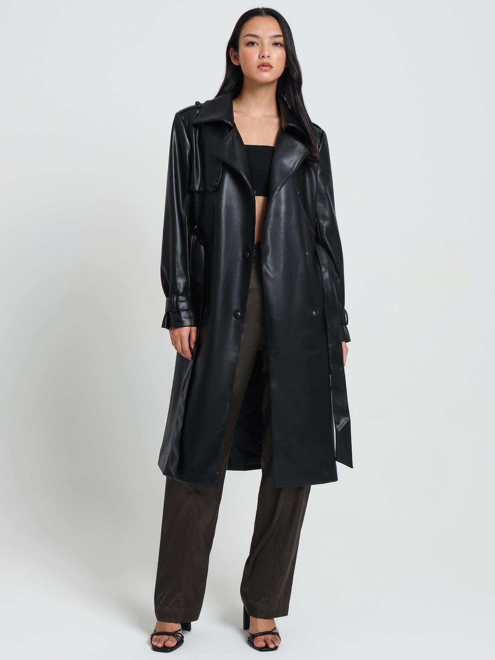 Hye Faux Leather Trench in Black