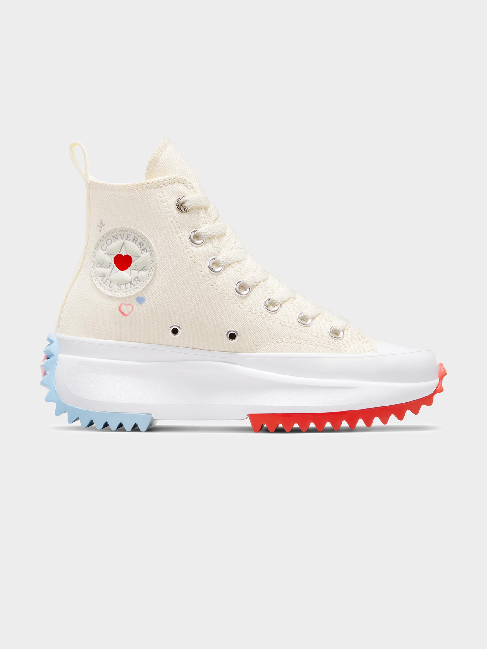 Unisex Converse Run Star Hike Y2K Heart High Top Sneakers in Fever Dream Red, True Sky Blue & Egret