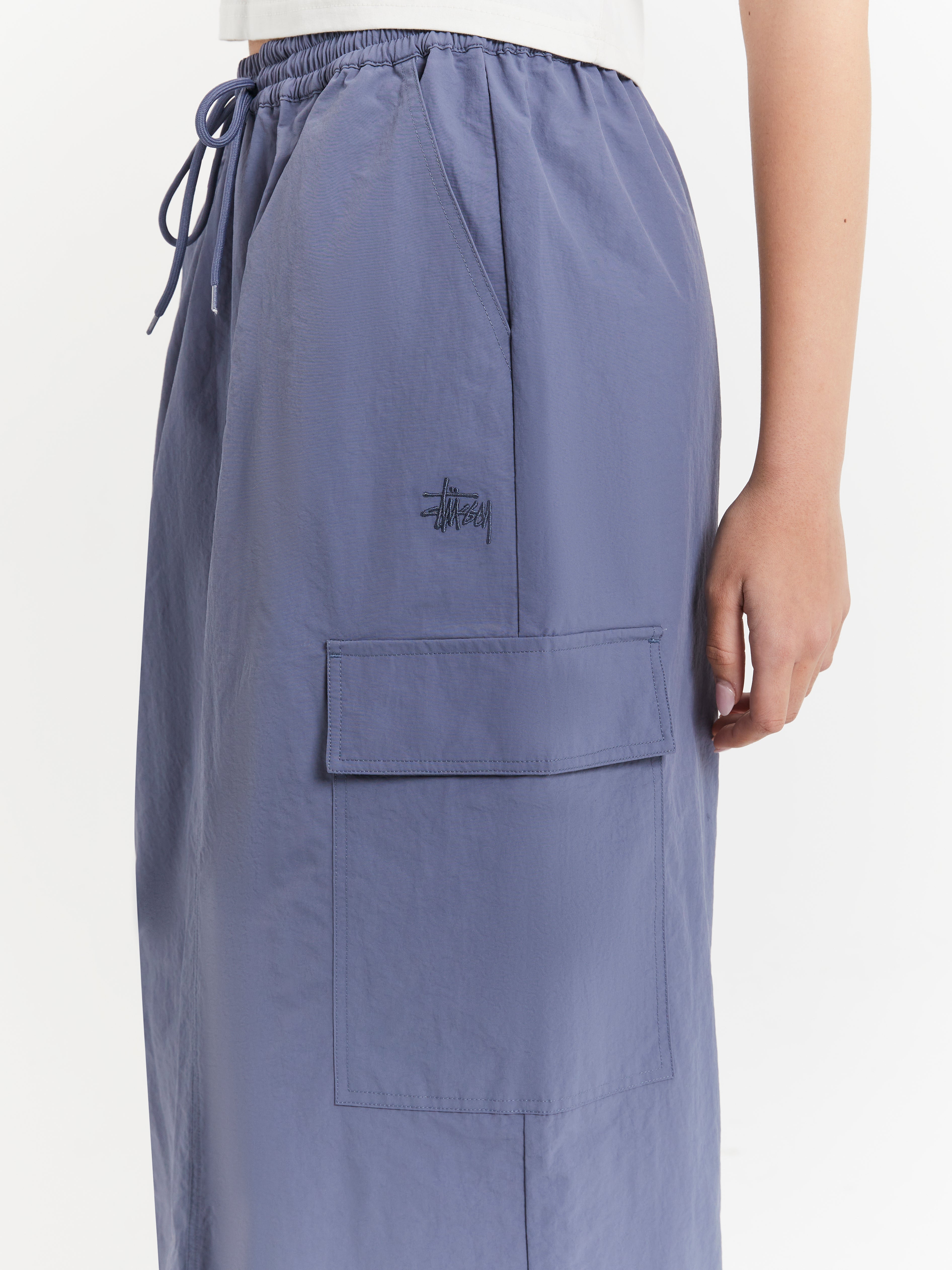 Nylon Cargo Midi Skirt in Steel Blue