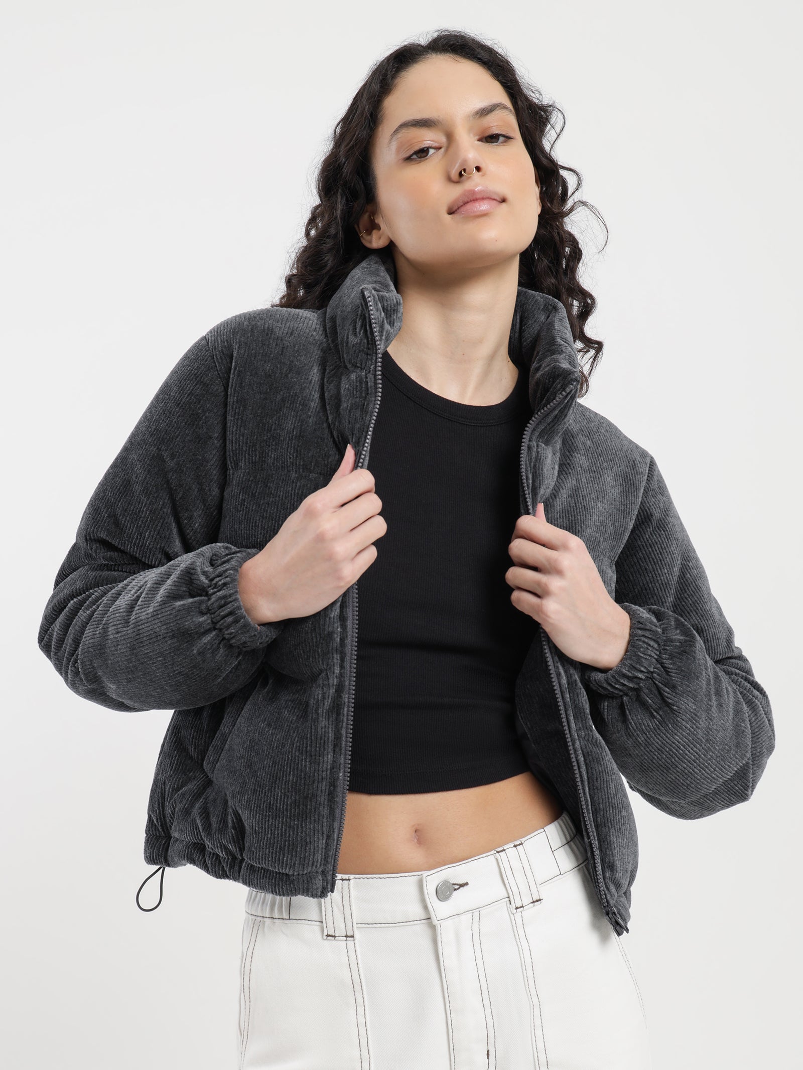 Tyler Cord Puffer Jacket in Gunmetal