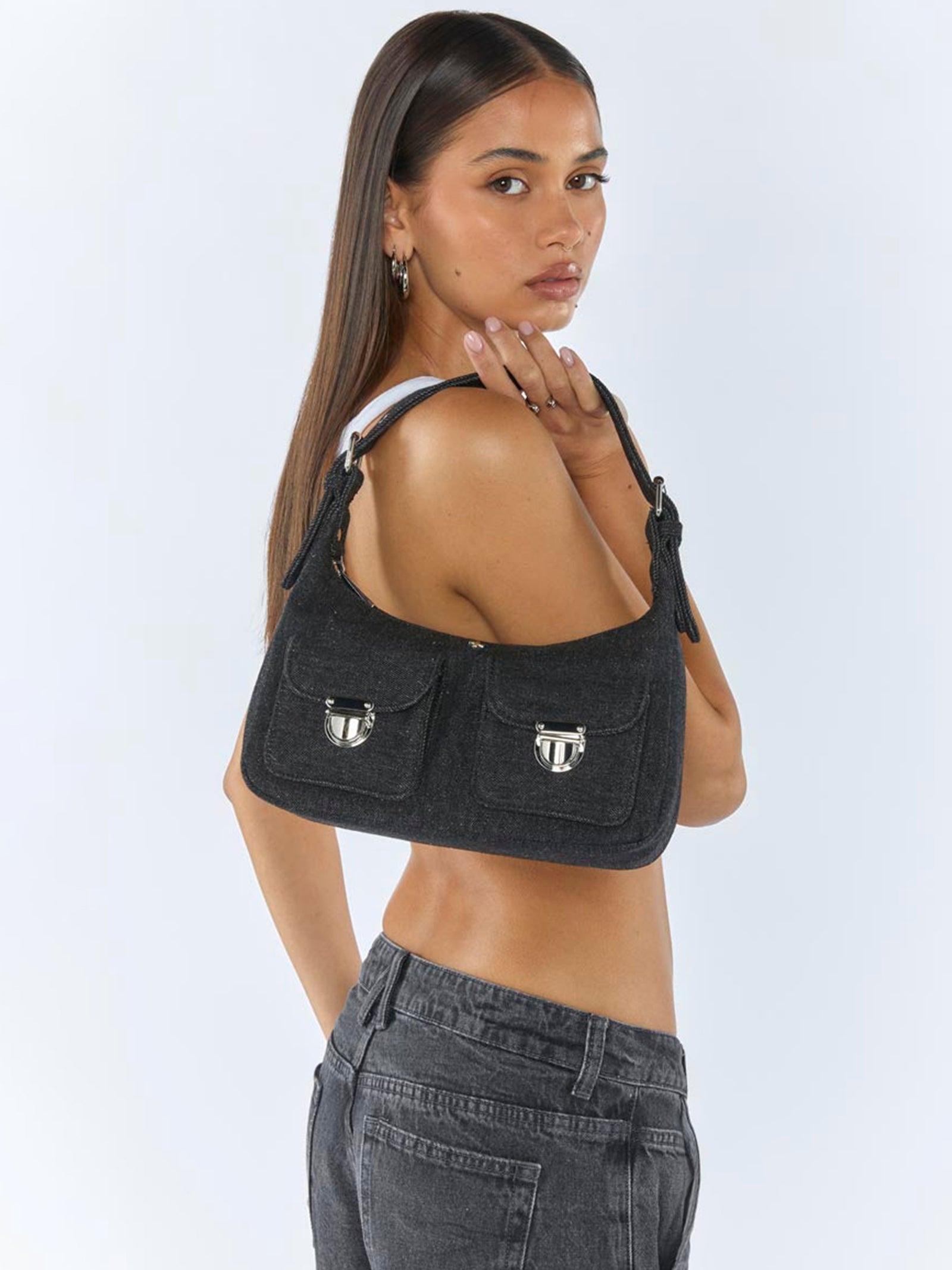 Livi Denim Shoulder Bag in Black & Silver