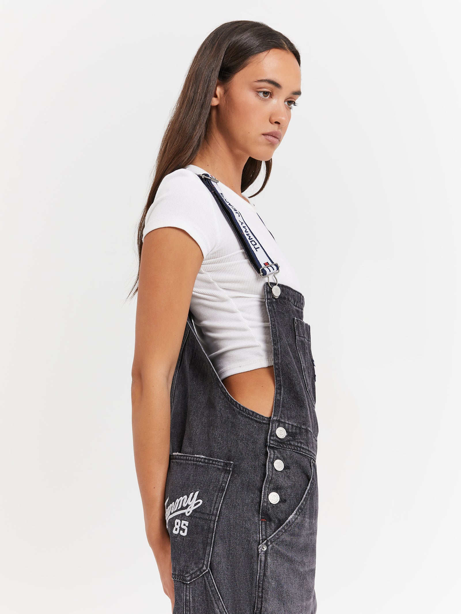 Logo Strap Denim Dungarees in Black