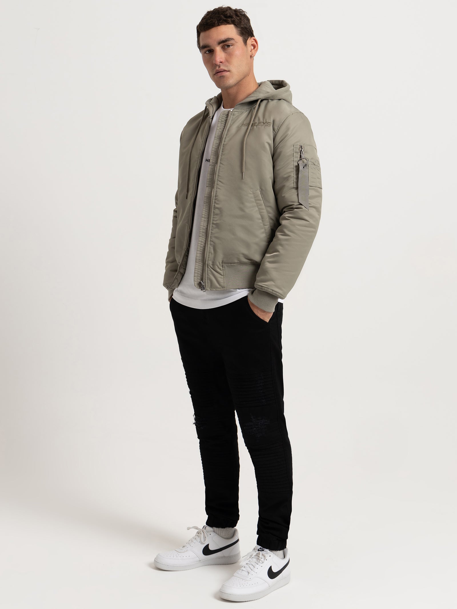 Overdrive Hooded Bomber Jacket in Olive