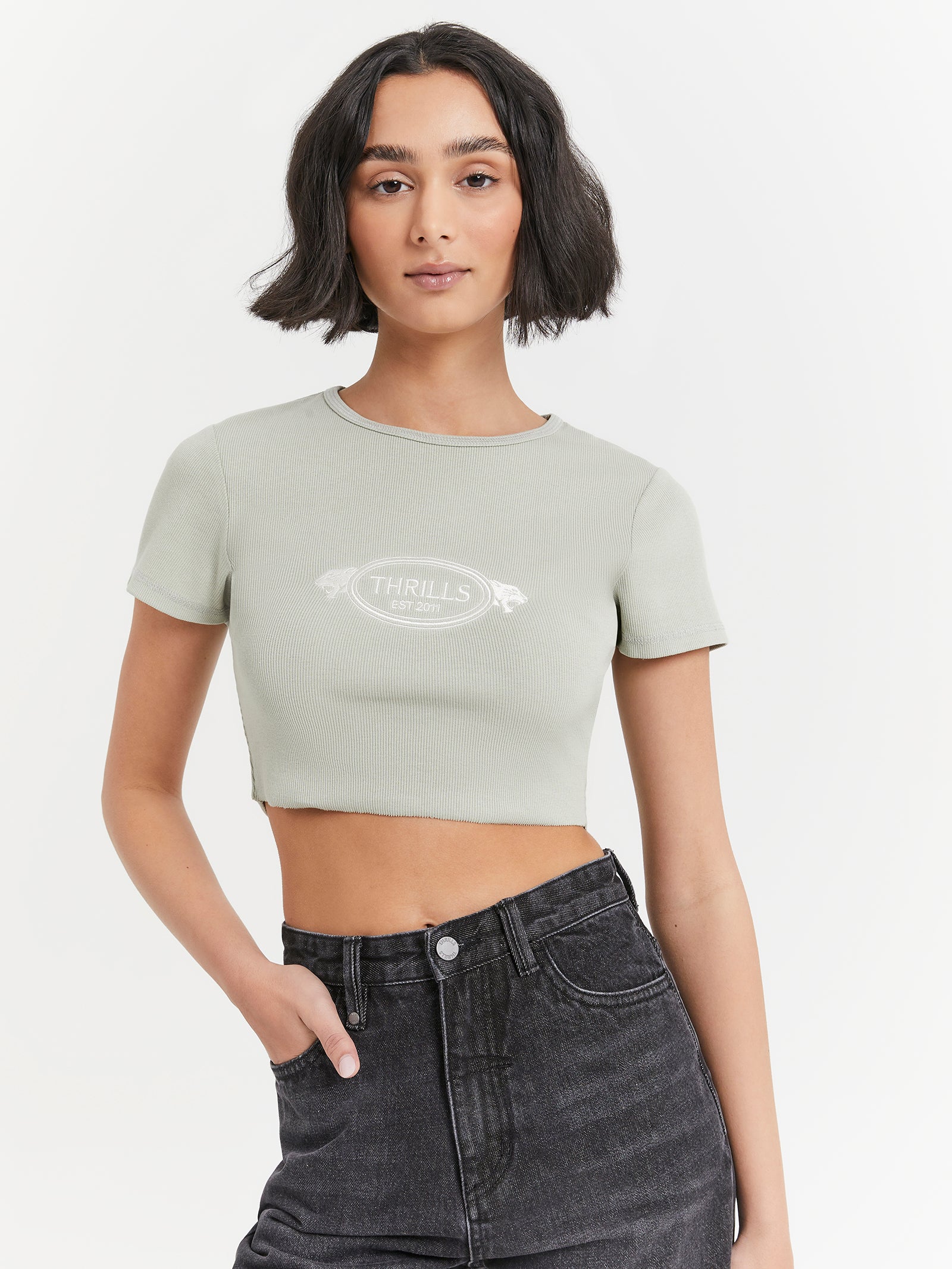 From The Beginning Baby Crop T-Shirt in Sage Grey