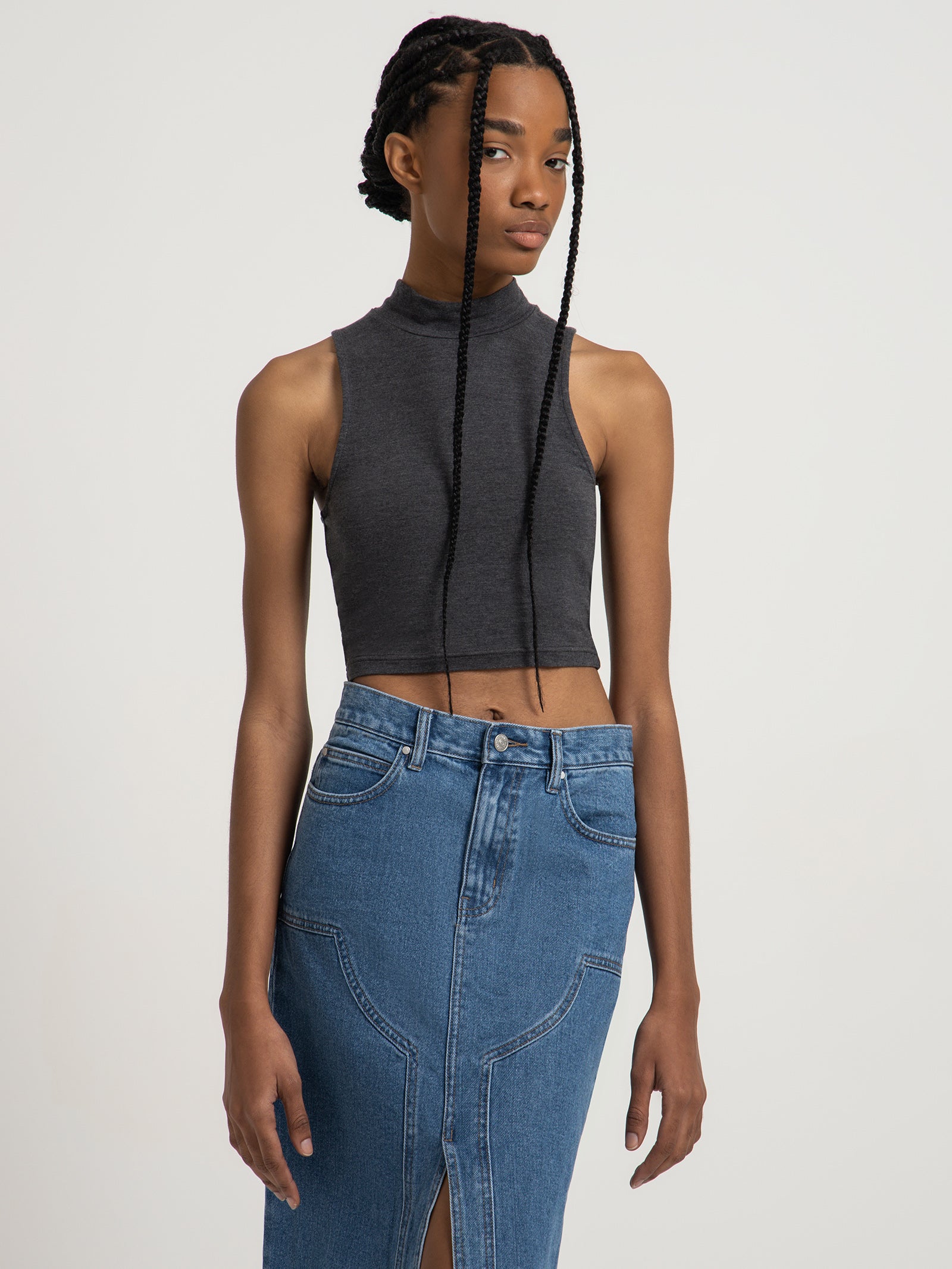 Ambroise High Neck Crop Top in Charcoal Marle