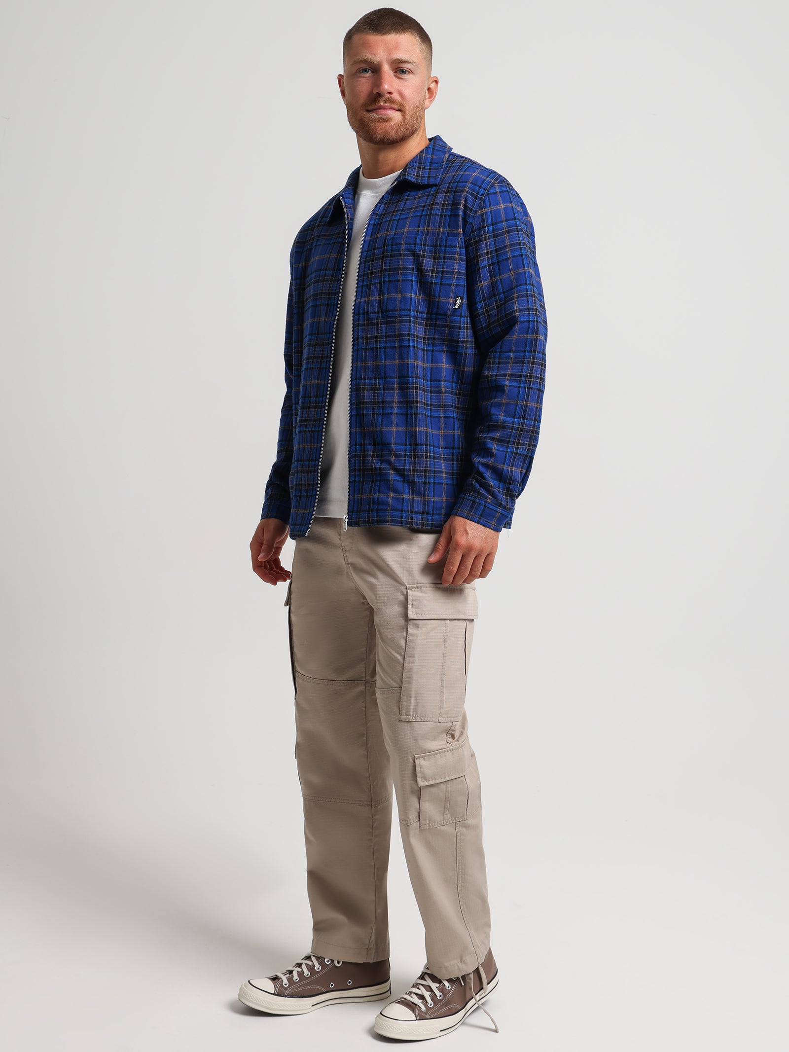 Shadow Plaid Zip Long Sleeve Shirt in Blue