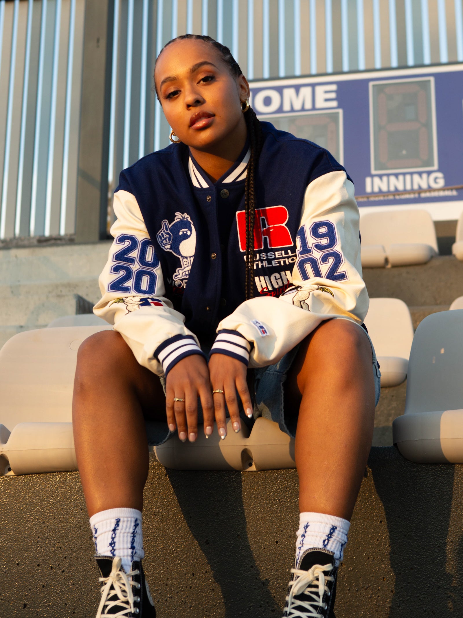 Russell Athletic Team Spirit Letterman Jacket in Levitation Blue & White