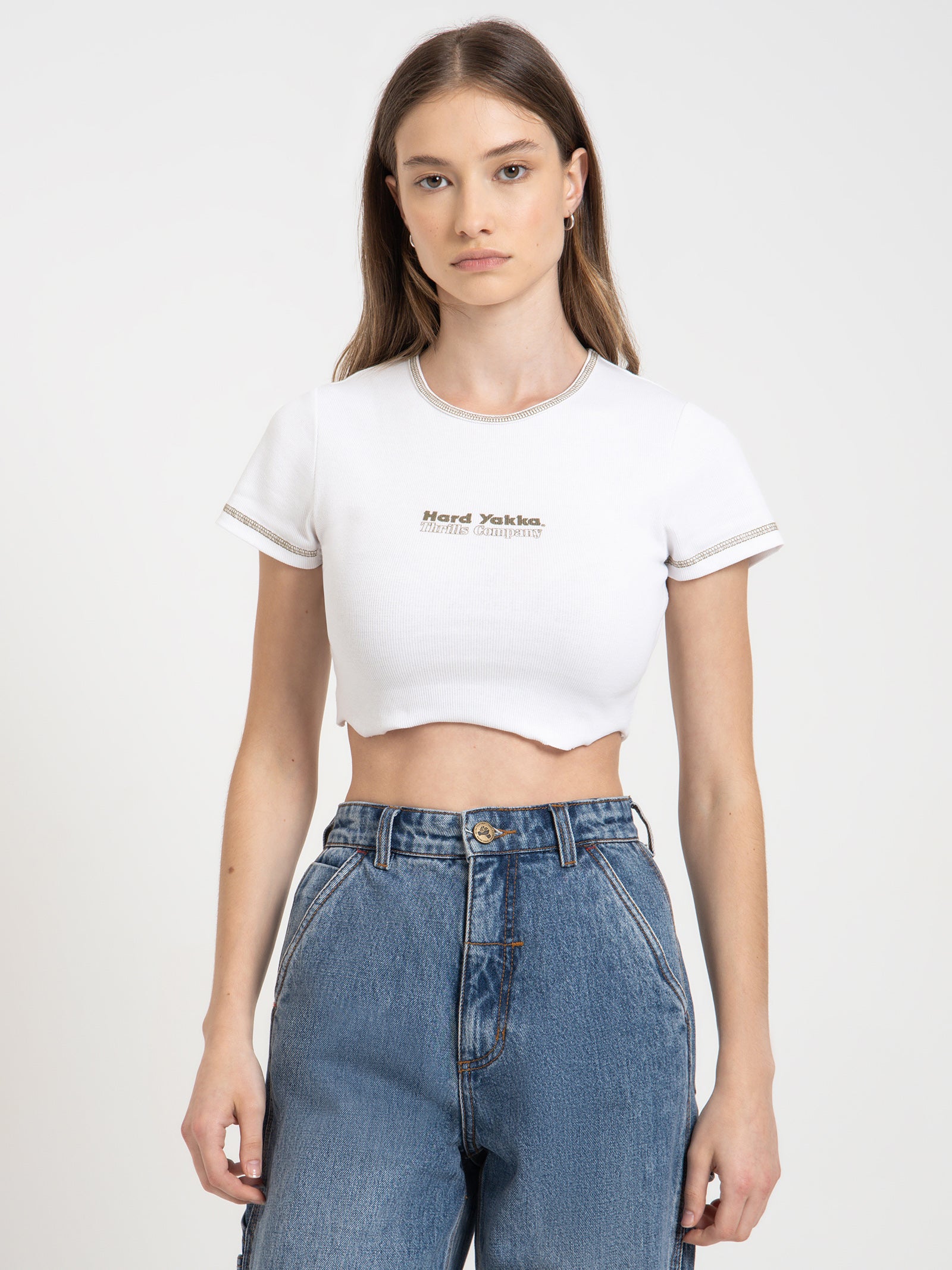 Hard Yakka Double Double Baby Crop T-Shirt in White