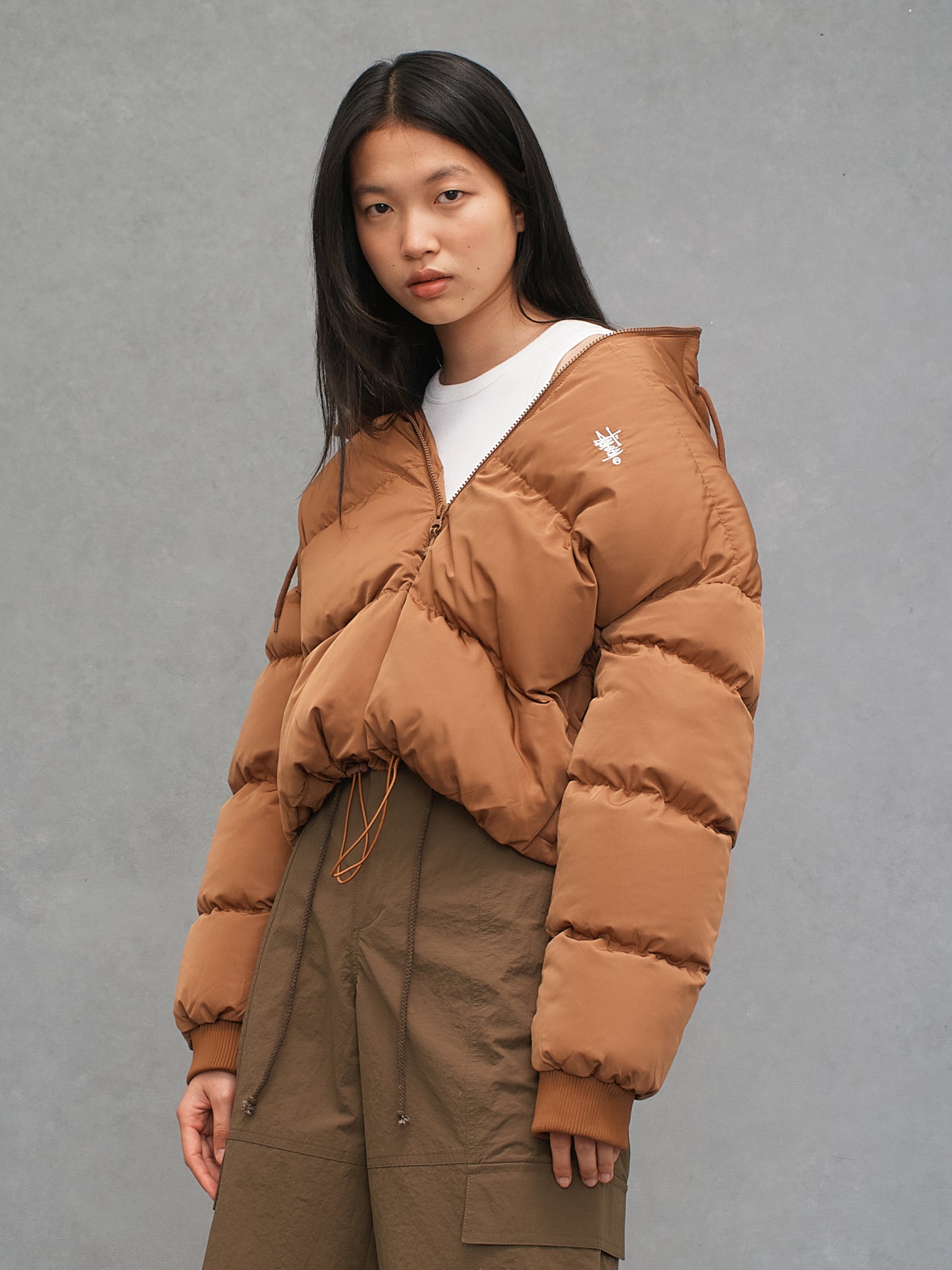 Graffiti Hood Puffer Jacket in Coffee