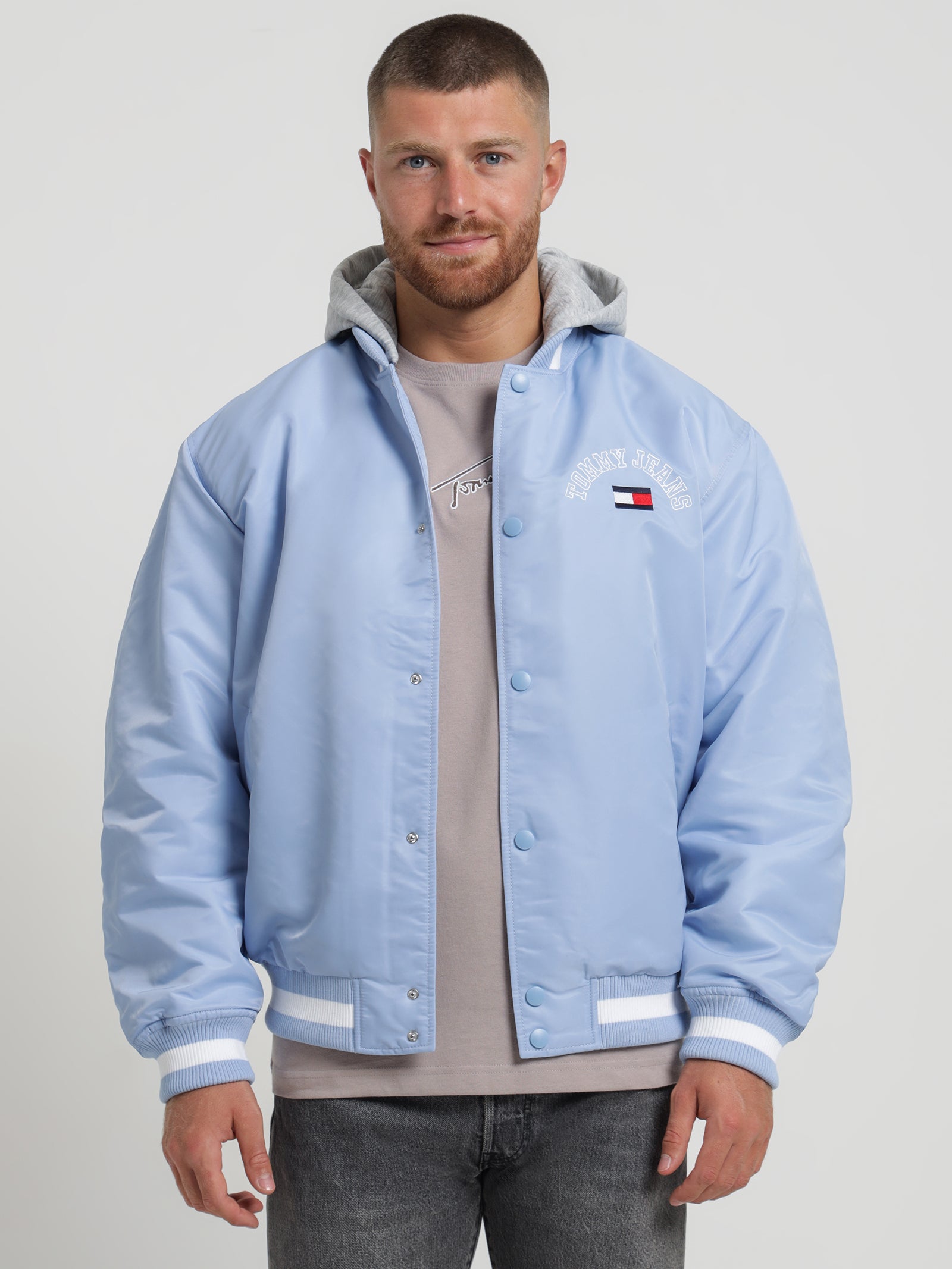 Graphic Satin Bomber Jacket in Pearly Blue