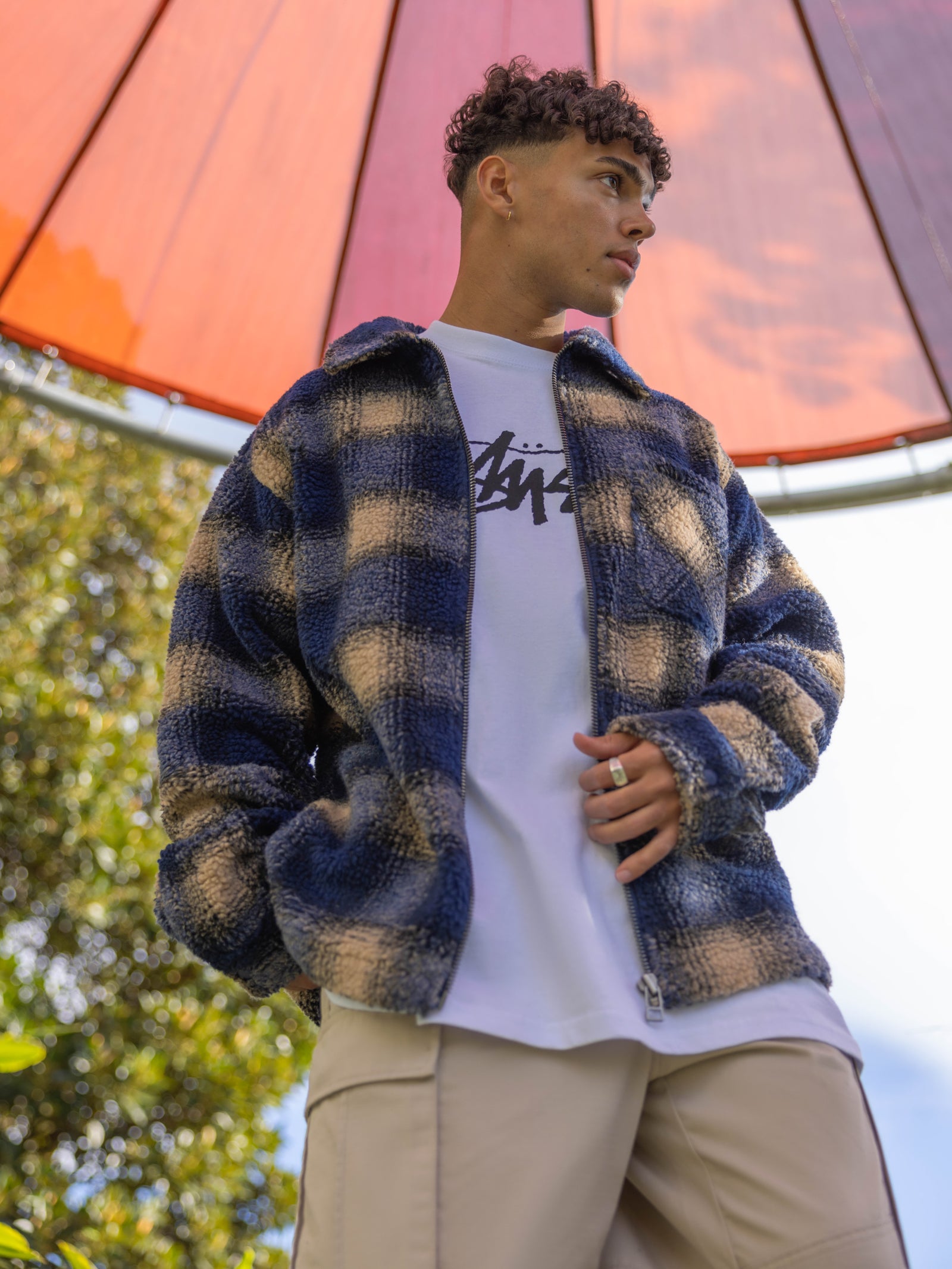 Shadow Plaid Sherpa Zip Shirt in Navy