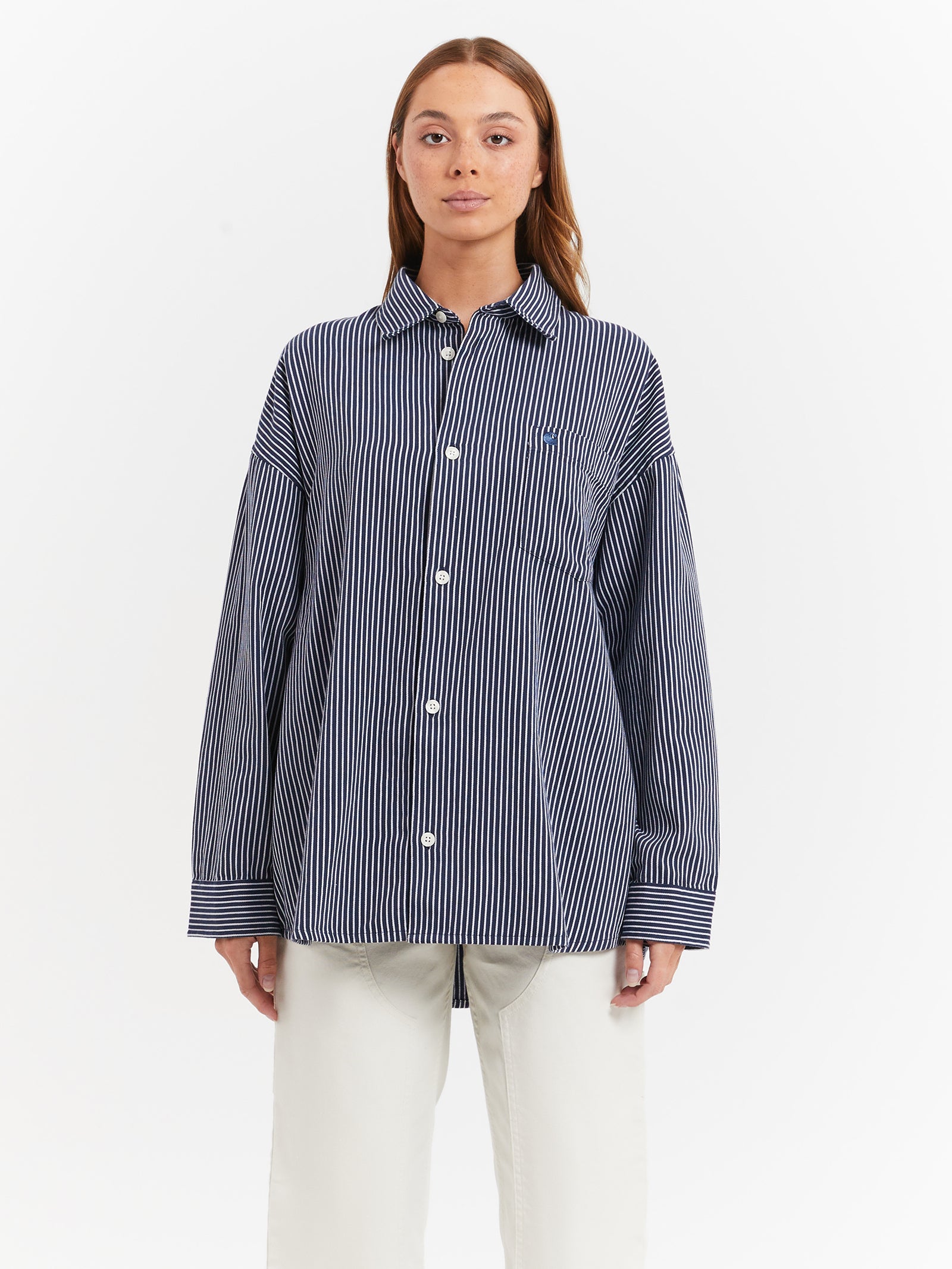 Long Sleeve Kyle Shirt in Drake Stripe & White Blue