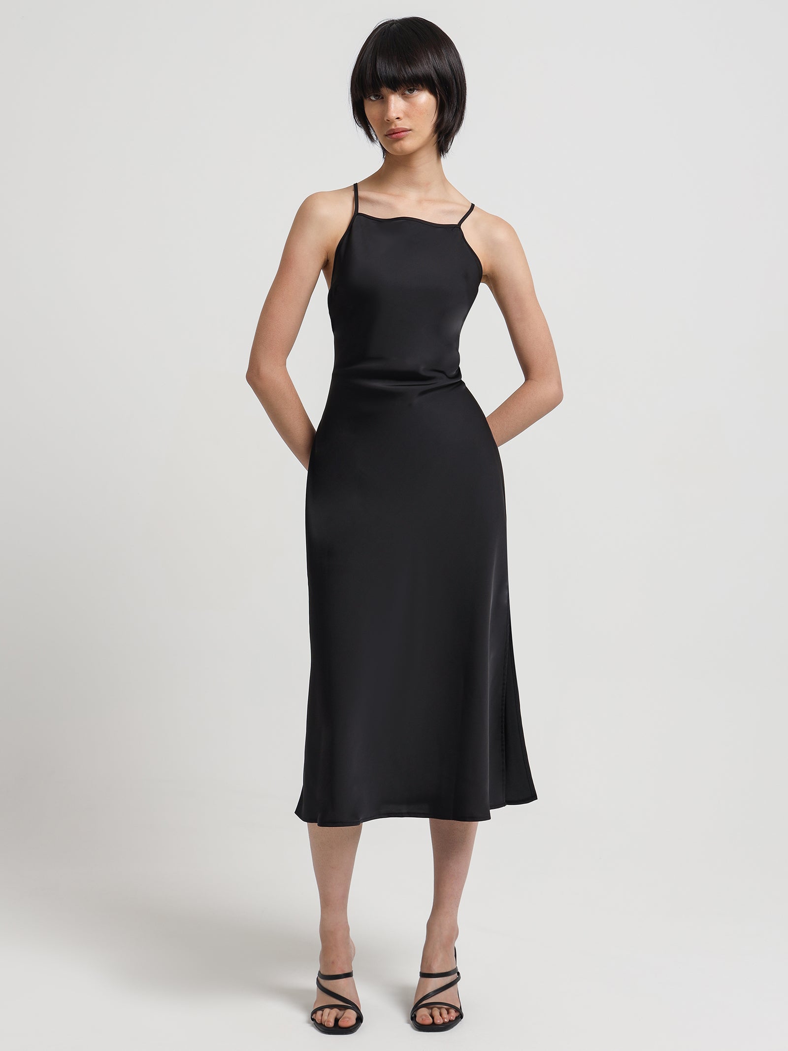 Karis Satin Midi Dress in Black