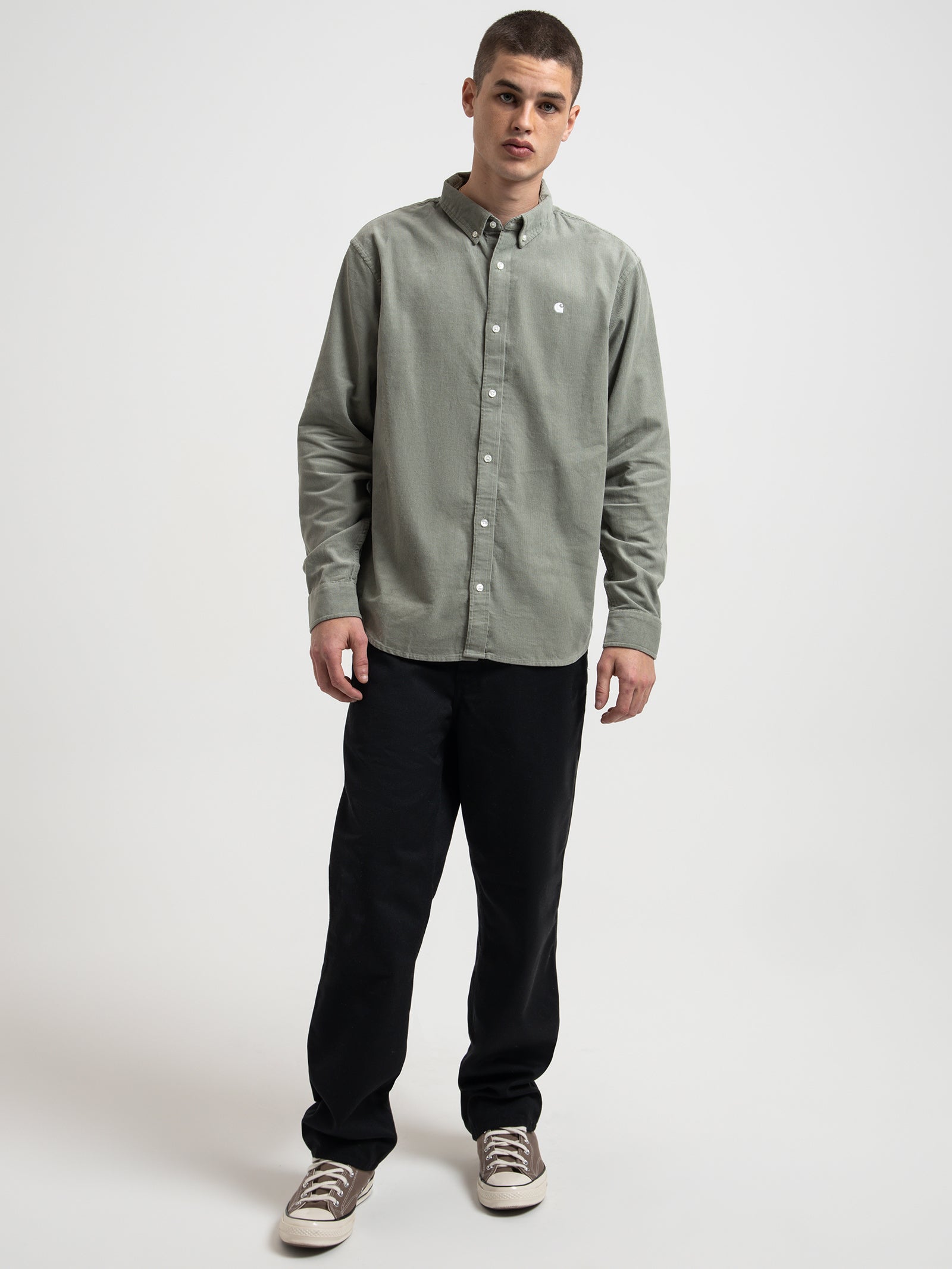 Long Sleeve Madison Fine Cord Shirt in Yucca & White