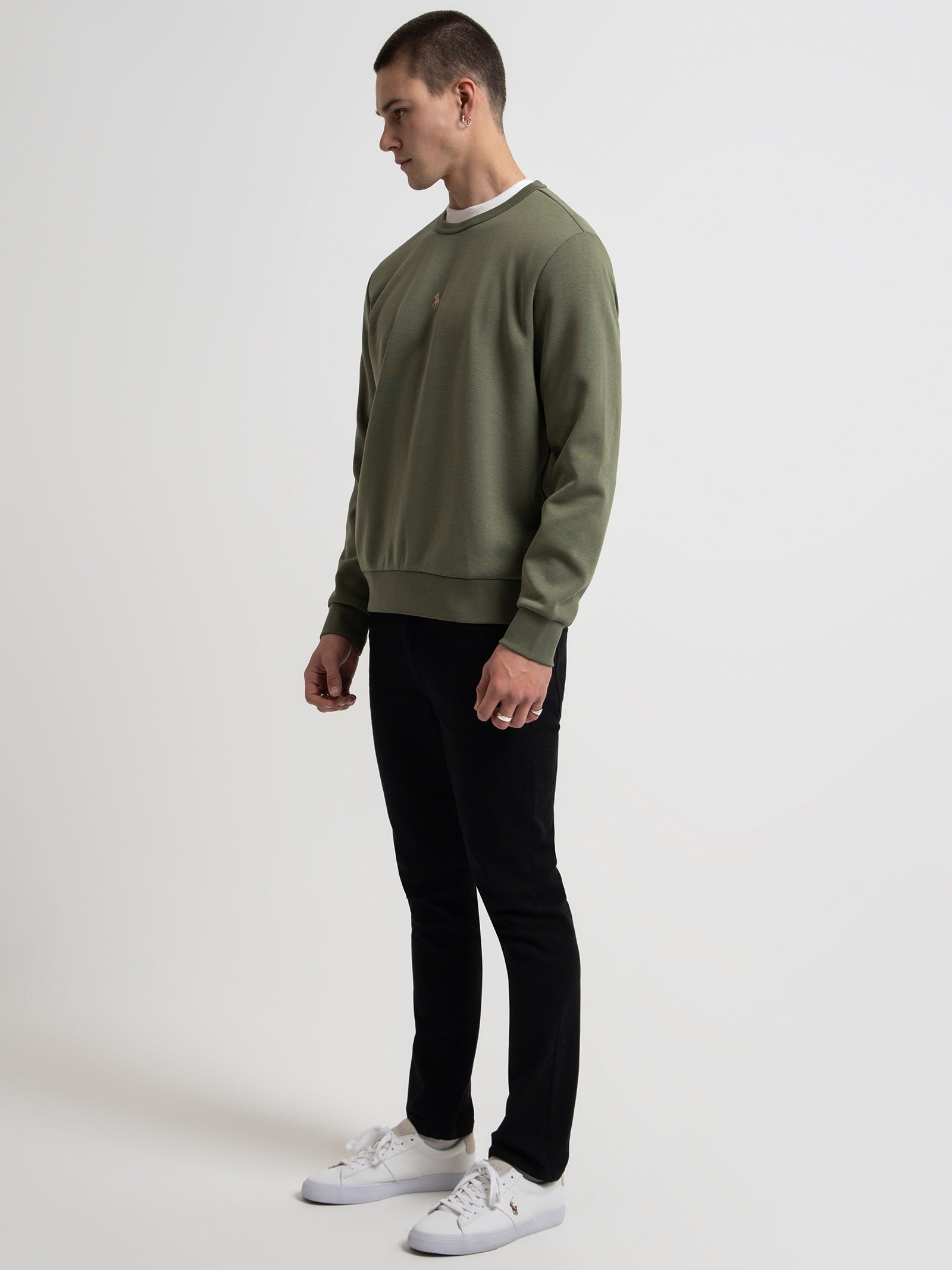 Centre Logo Crew Sweater in Olive Green