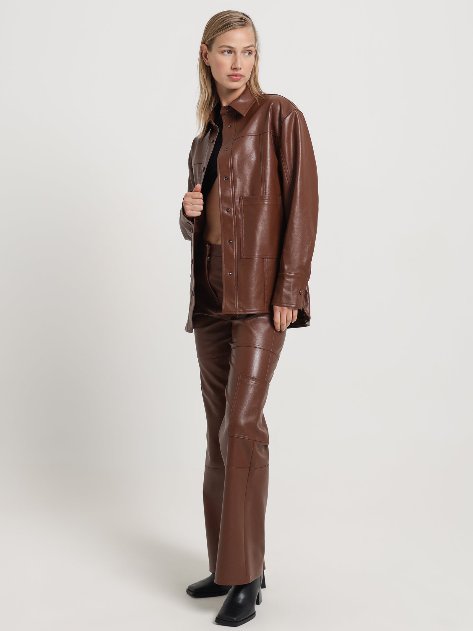 Zima Faux Leather Shacket in Cognac