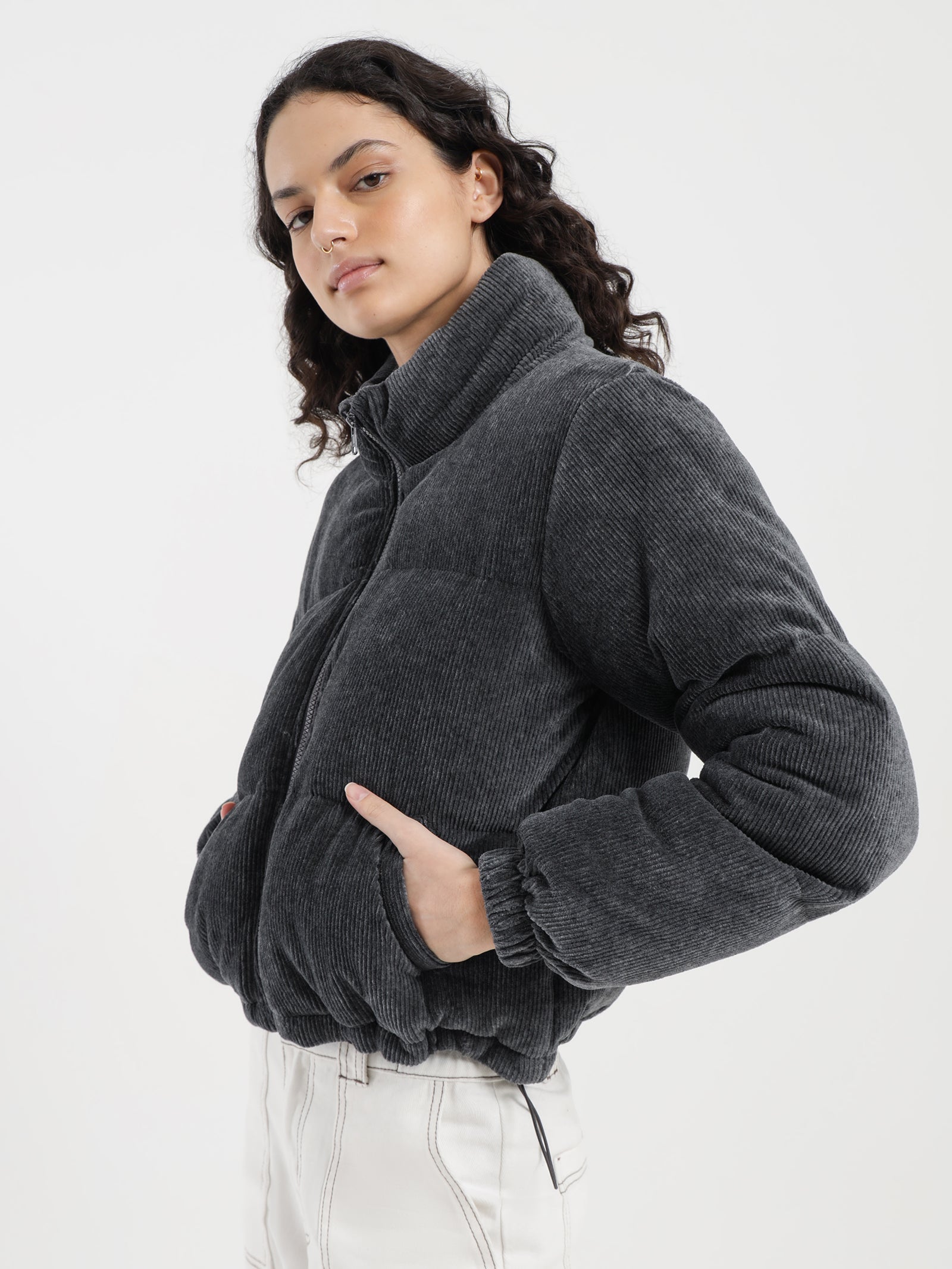 Tyler Cord Puffer Jacket in Gunmetal