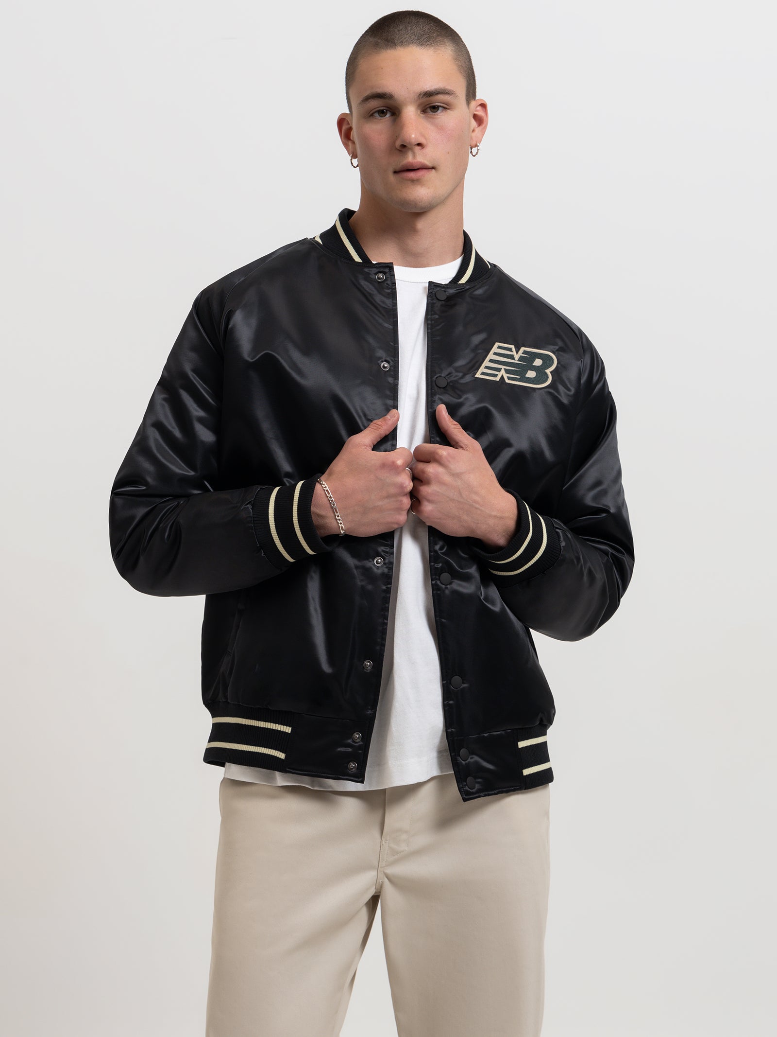 Athletics Varsity Satin Bomber Jacket in Black