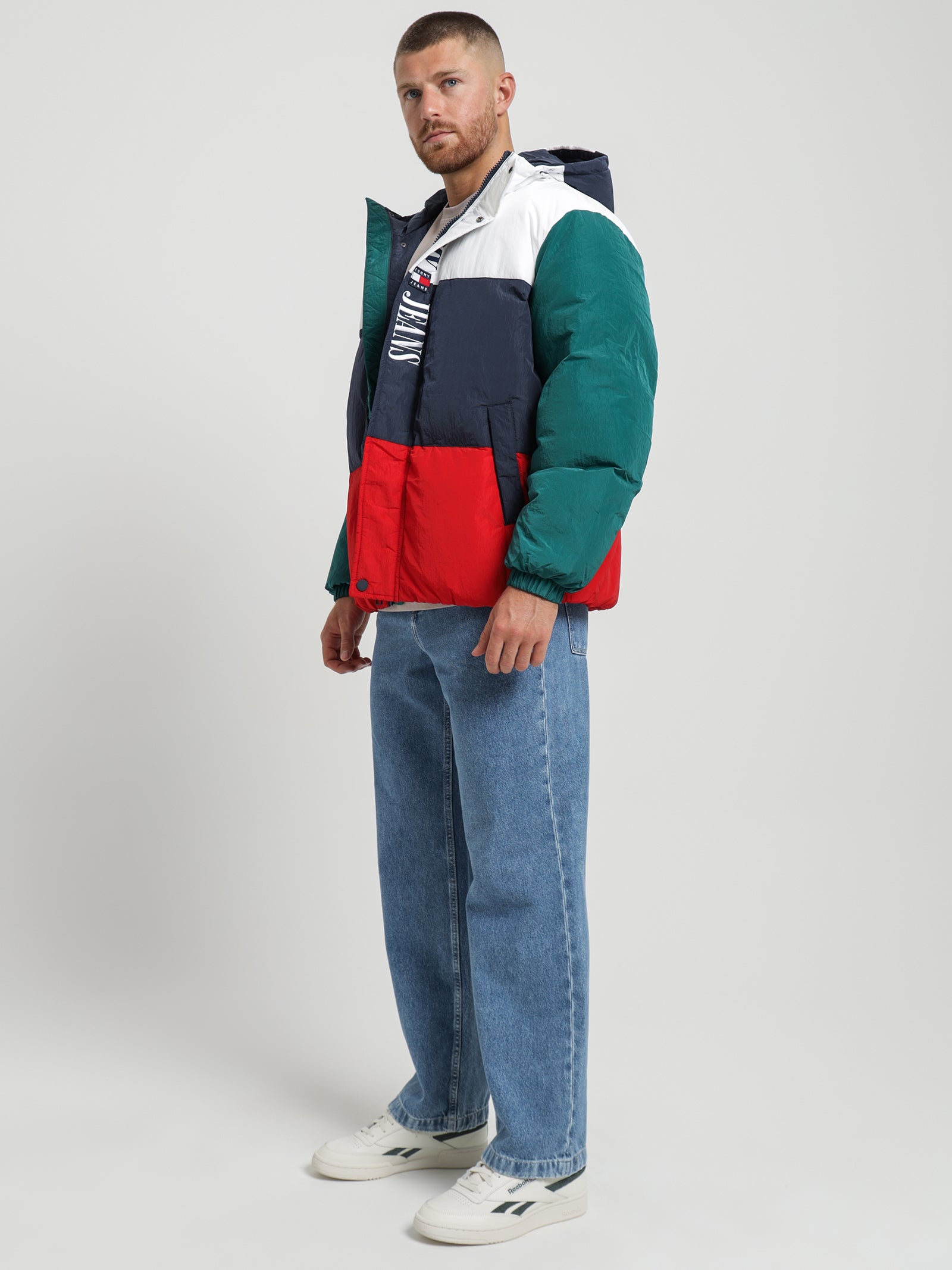 Colour-Blocked Oversized Hooded Puffer Jacket in Multi