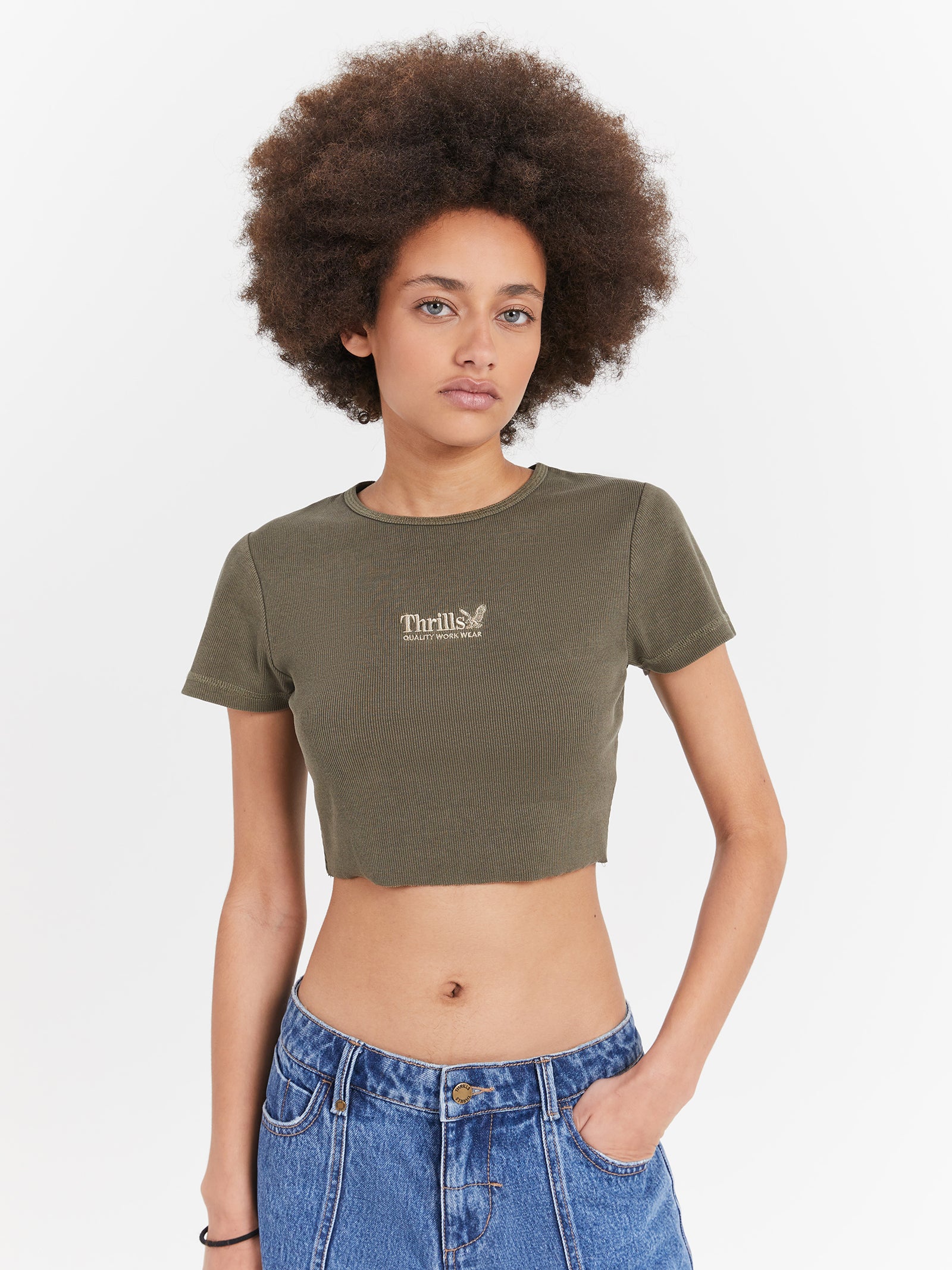 Thrills Workwear Baby Crop T-Shirt in Tarmac