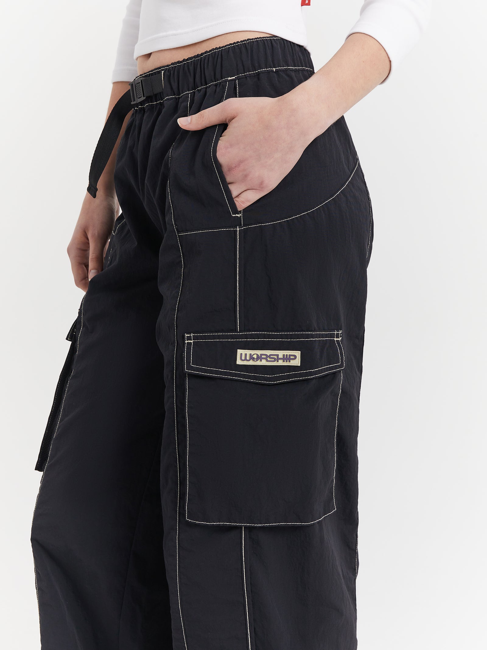 Alienation Nylon Cargo Pants in Washed Black