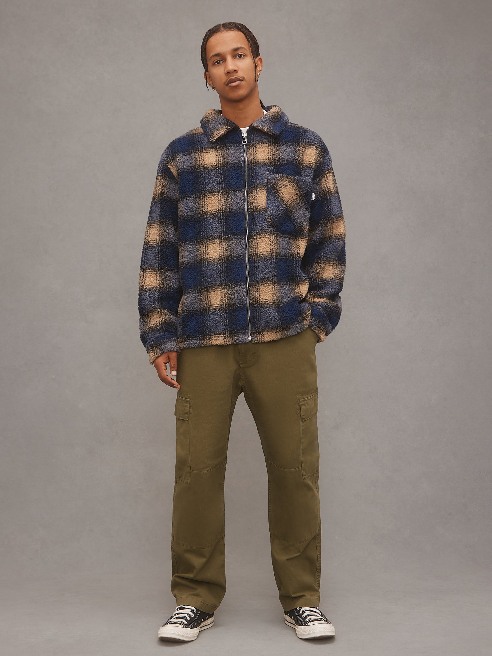 Shadow Plaid Sherpa Zip Shirt in Navy