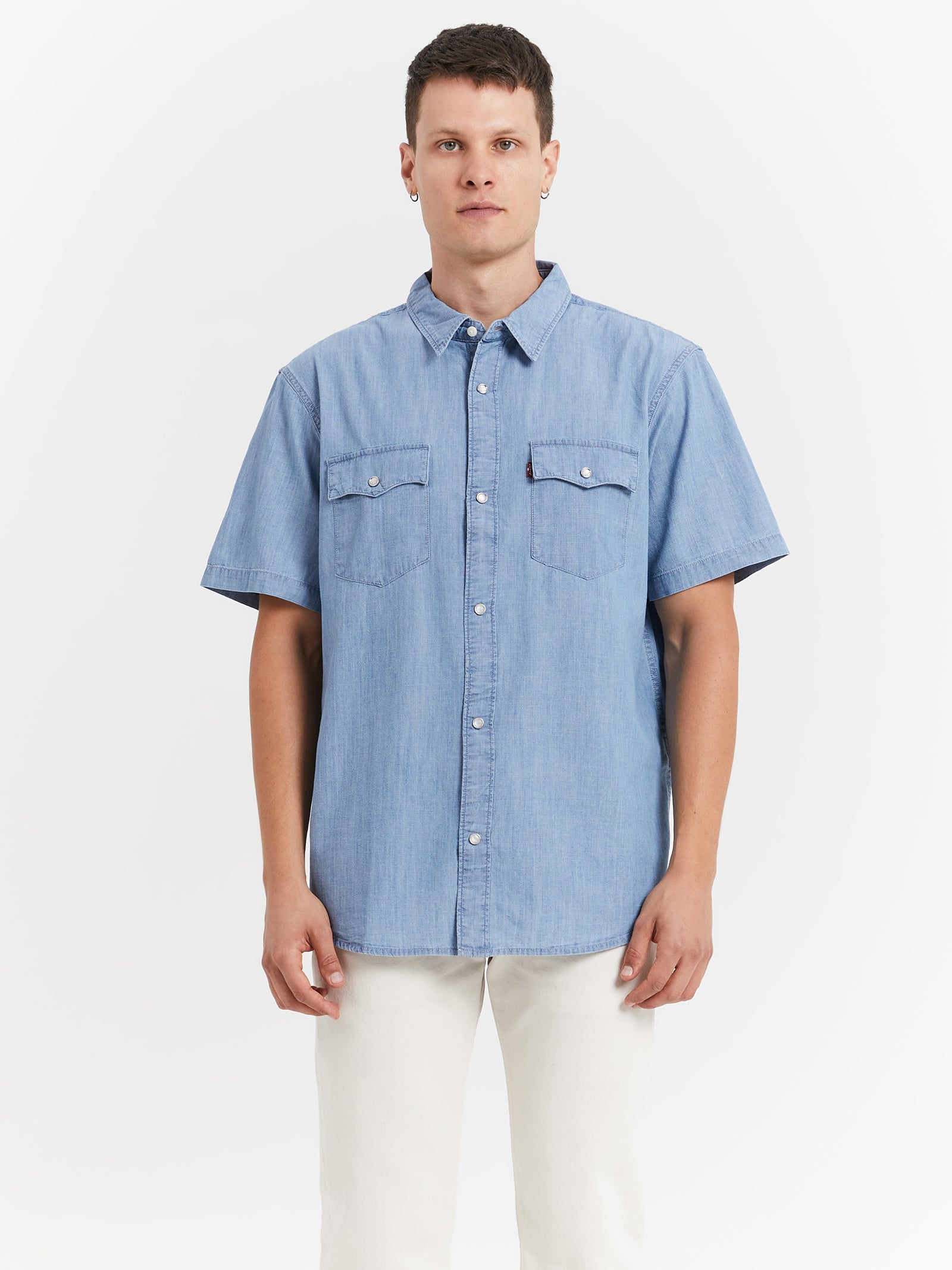 Short Sleeve Relaxed Fit Western Shirt in New Hyde Chambray Blue