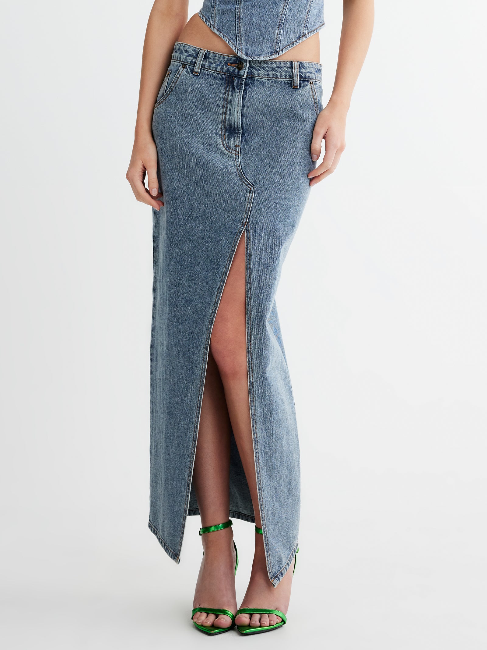 Barbie Split Midi Skirt in Faded Denim