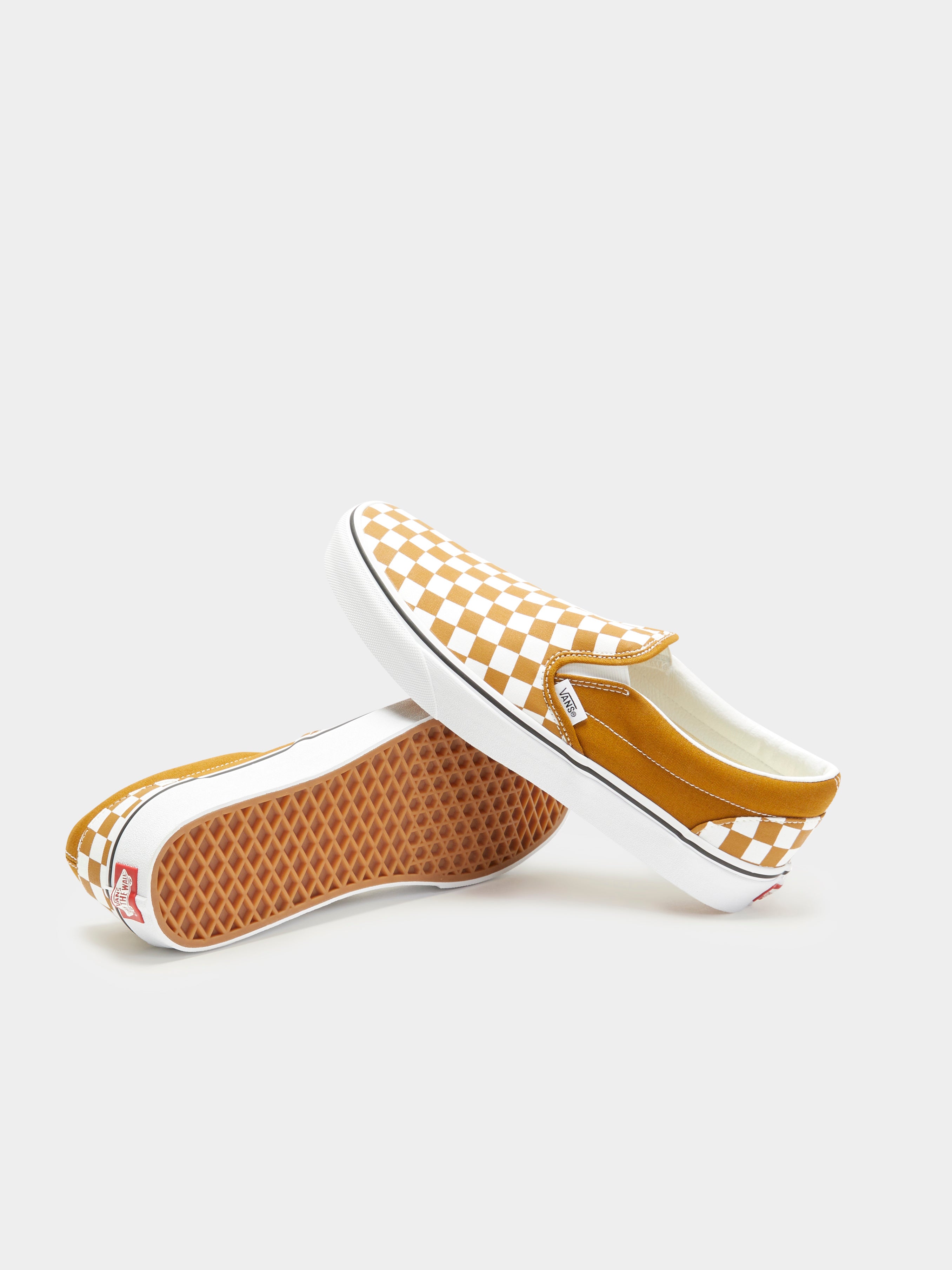 Unisex Color Theory Checkerboard Slip-On Sneakers in Golden Brown