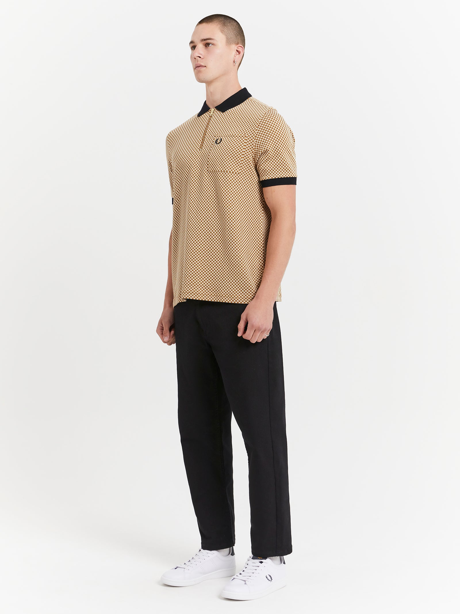 Micro Chequerboard Polo Shirt in Dark Caramel