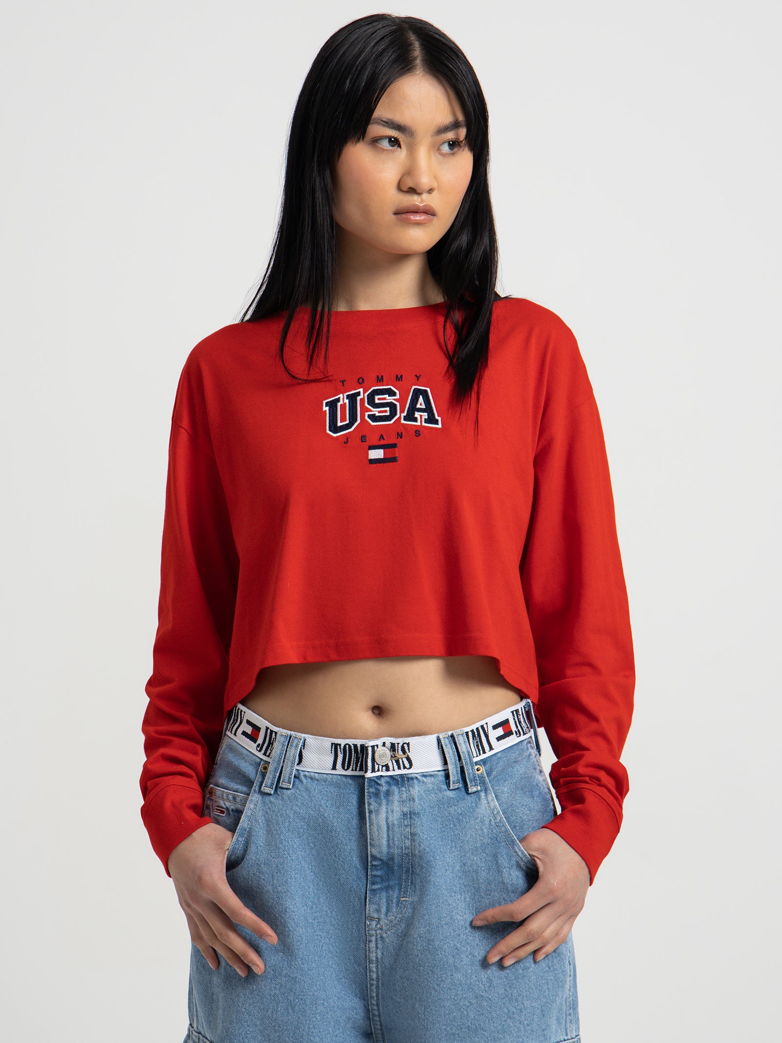 Logo Embroidery Cropped Long Sleeve T-Shirt in Crimson