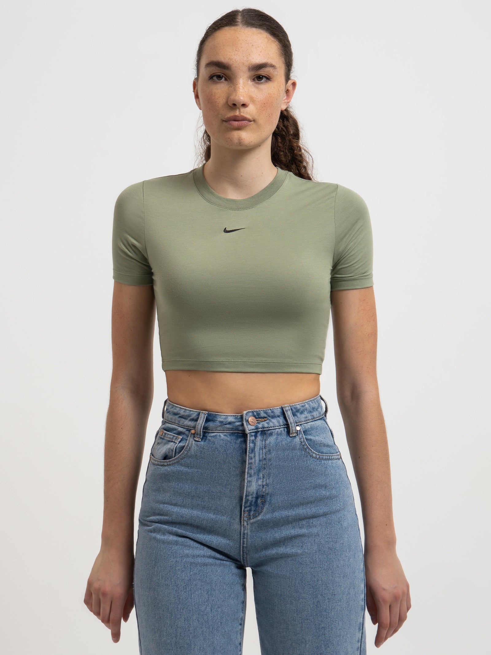 Sportswear Essentials Slim Fit Crop T-Shirt in Oil Green & Black