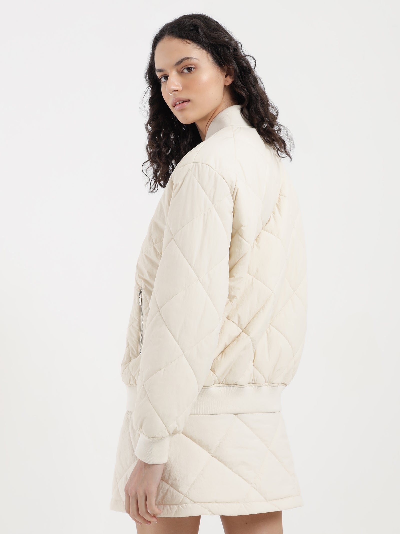 Zara Quilted Bomber in Off White