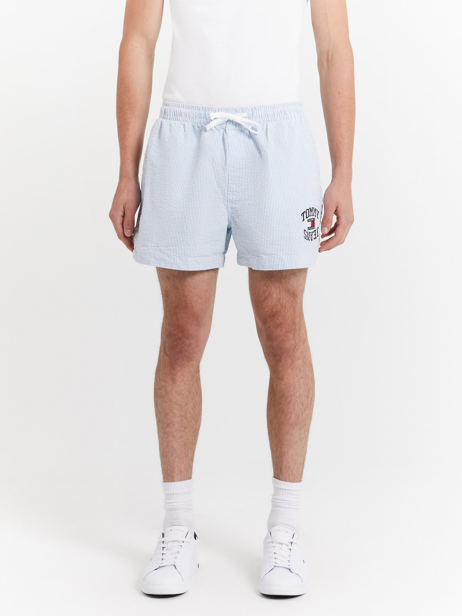 Seersucker Beach Shorts in Skysail & White