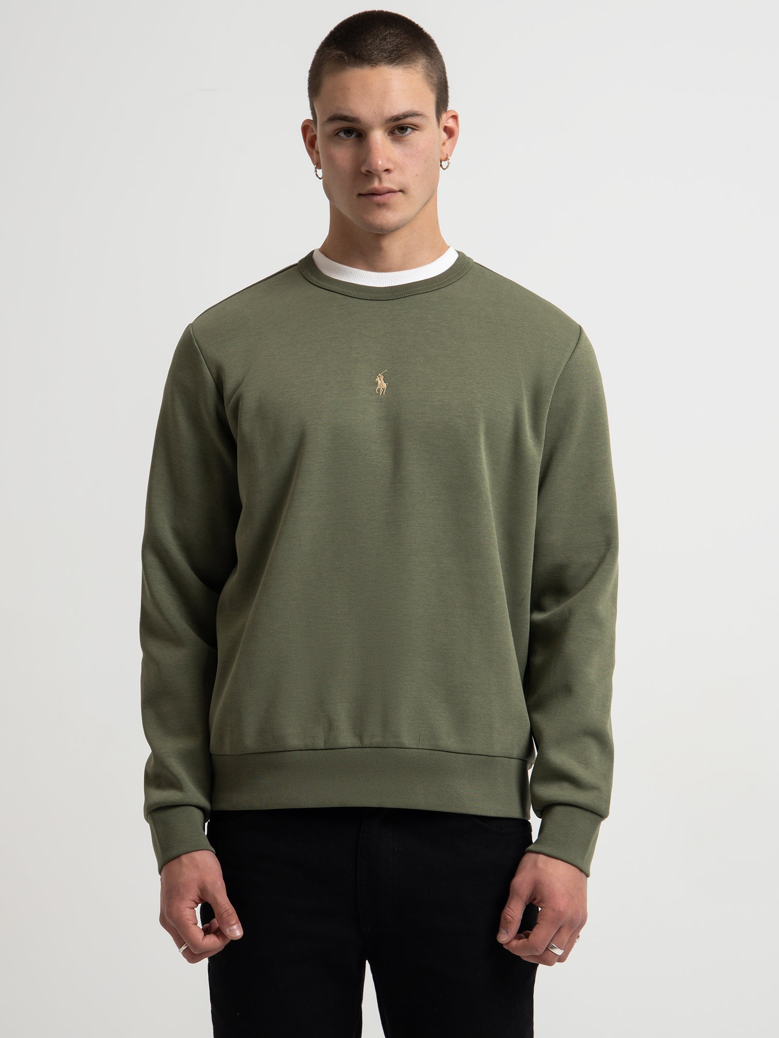 Centre Logo Crew Sweater in Olive Green