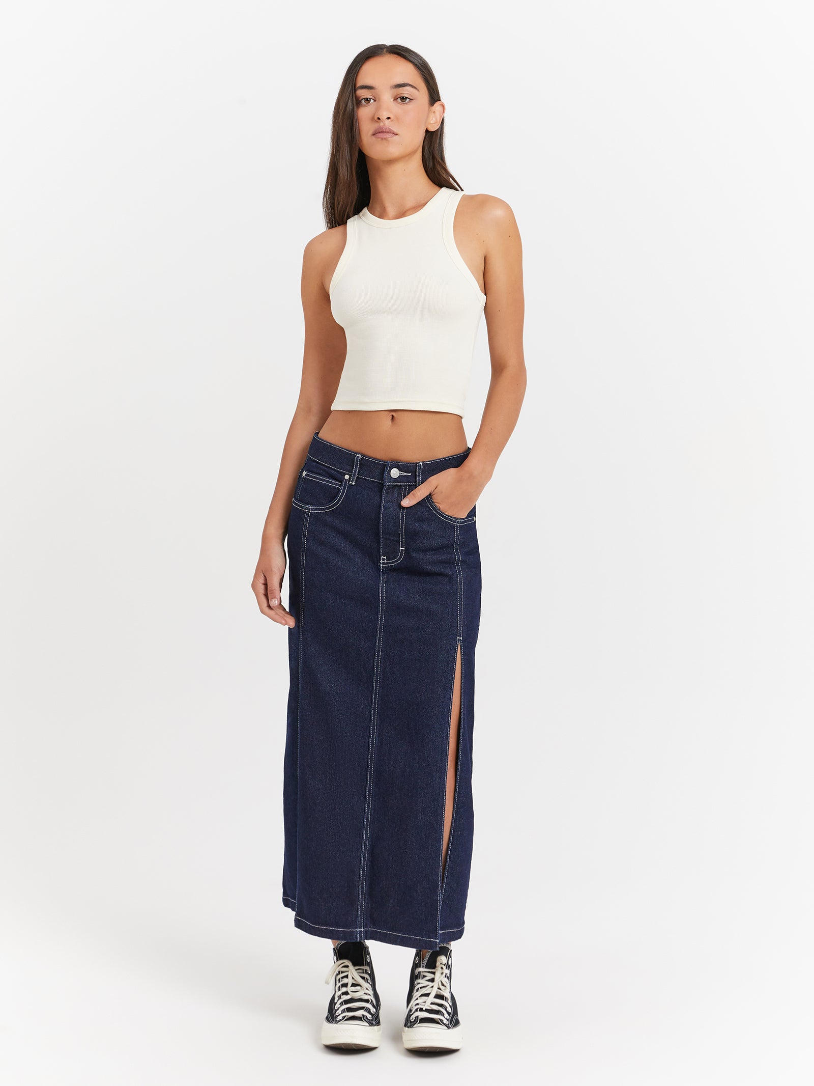 Maeve Midi Skirt in Raw Indigo