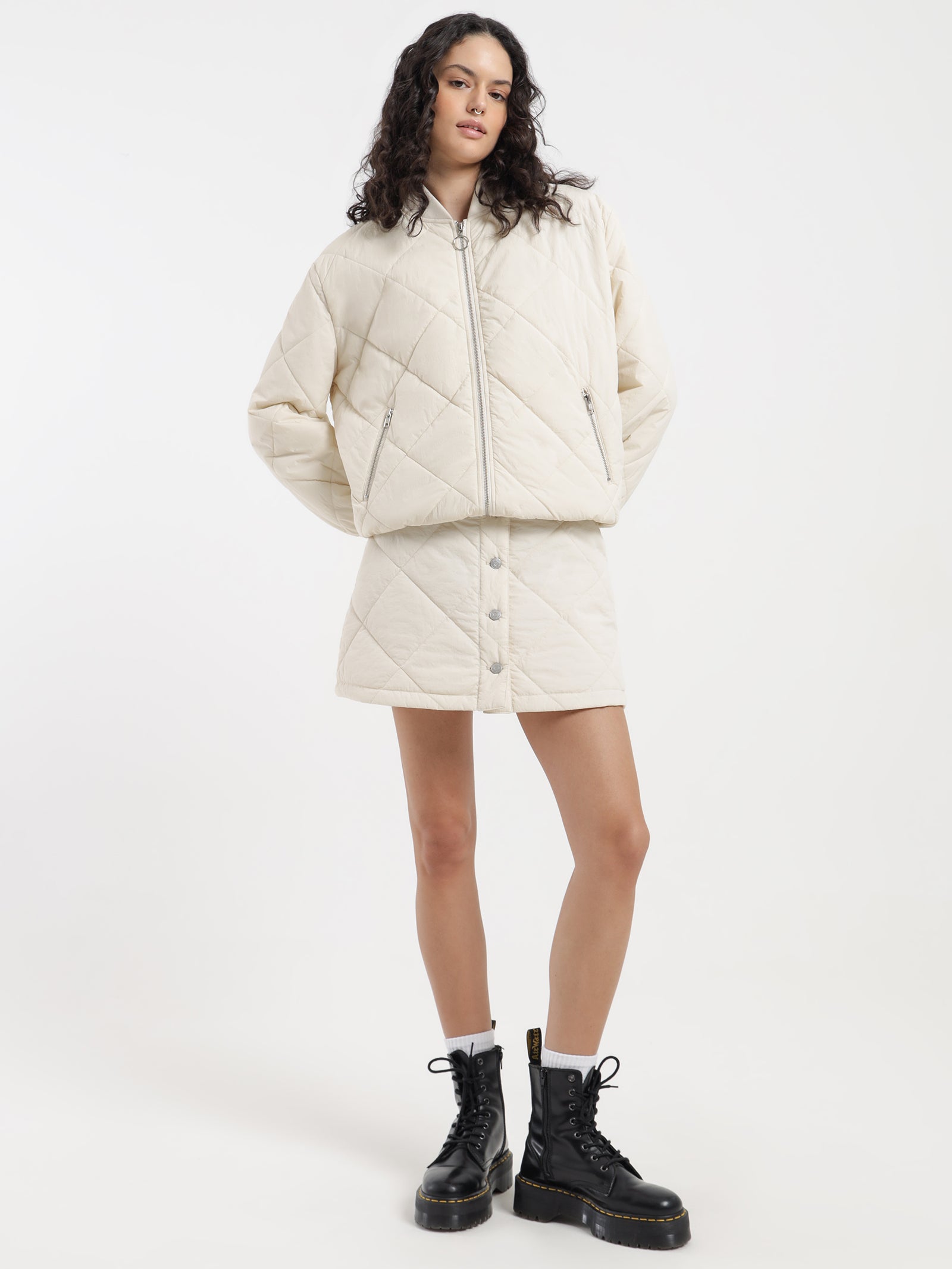 Zara Quilted Bomber in Off White