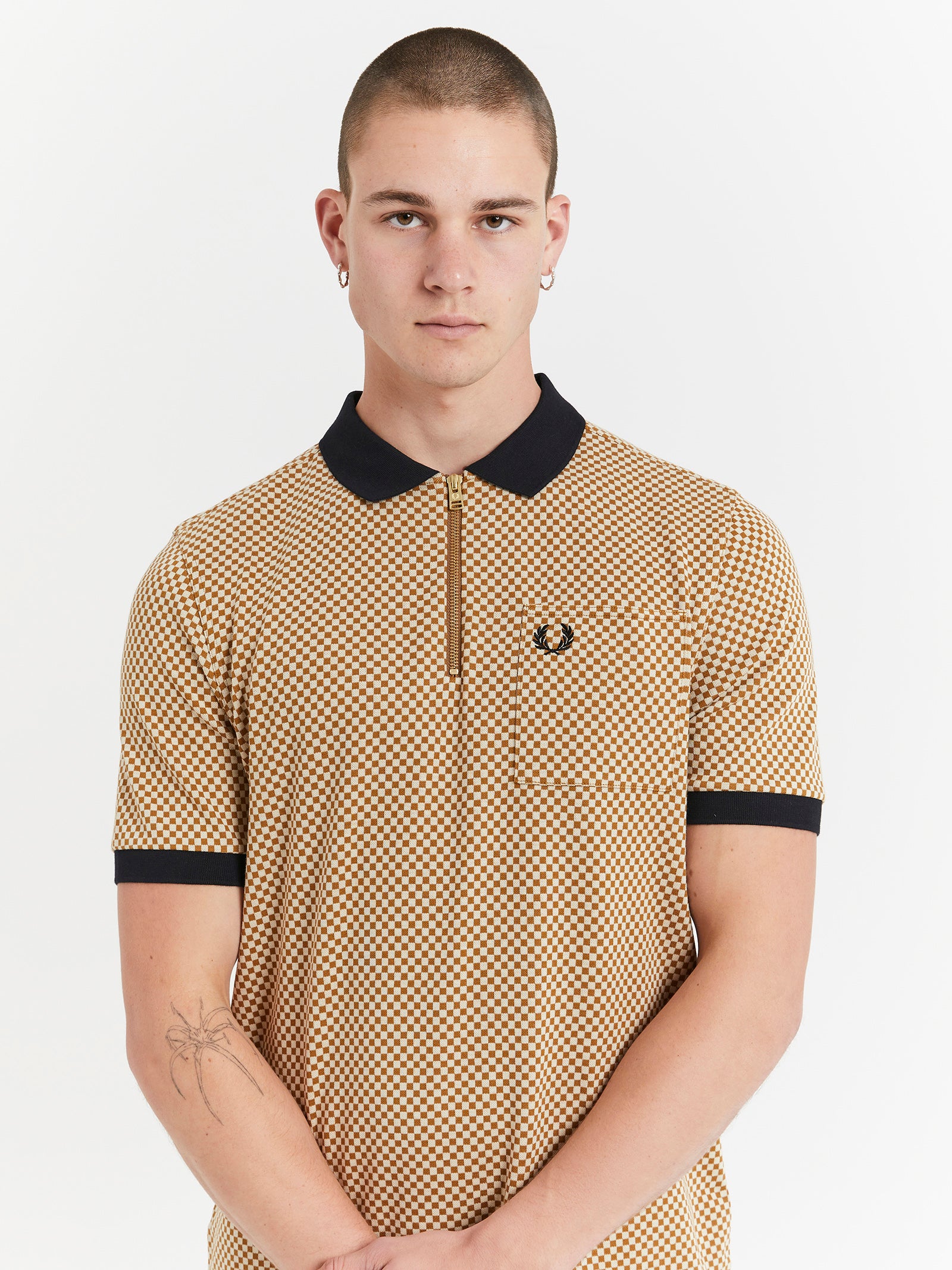 Micro Chequerboard Polo Shirt in Dark Caramel