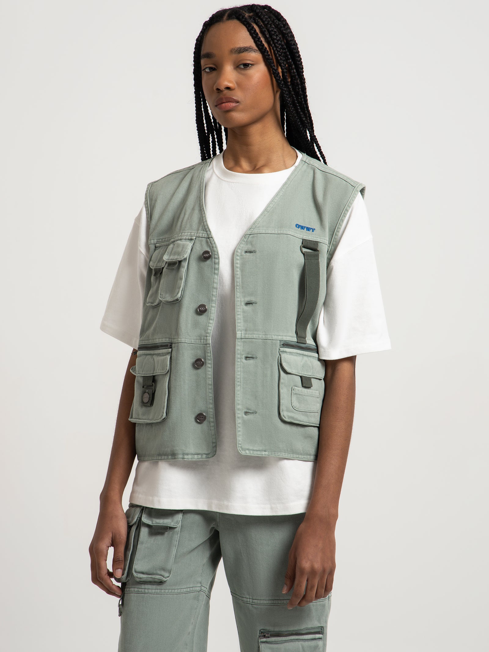 Stamped Owwy Utility Vest in Sage Green