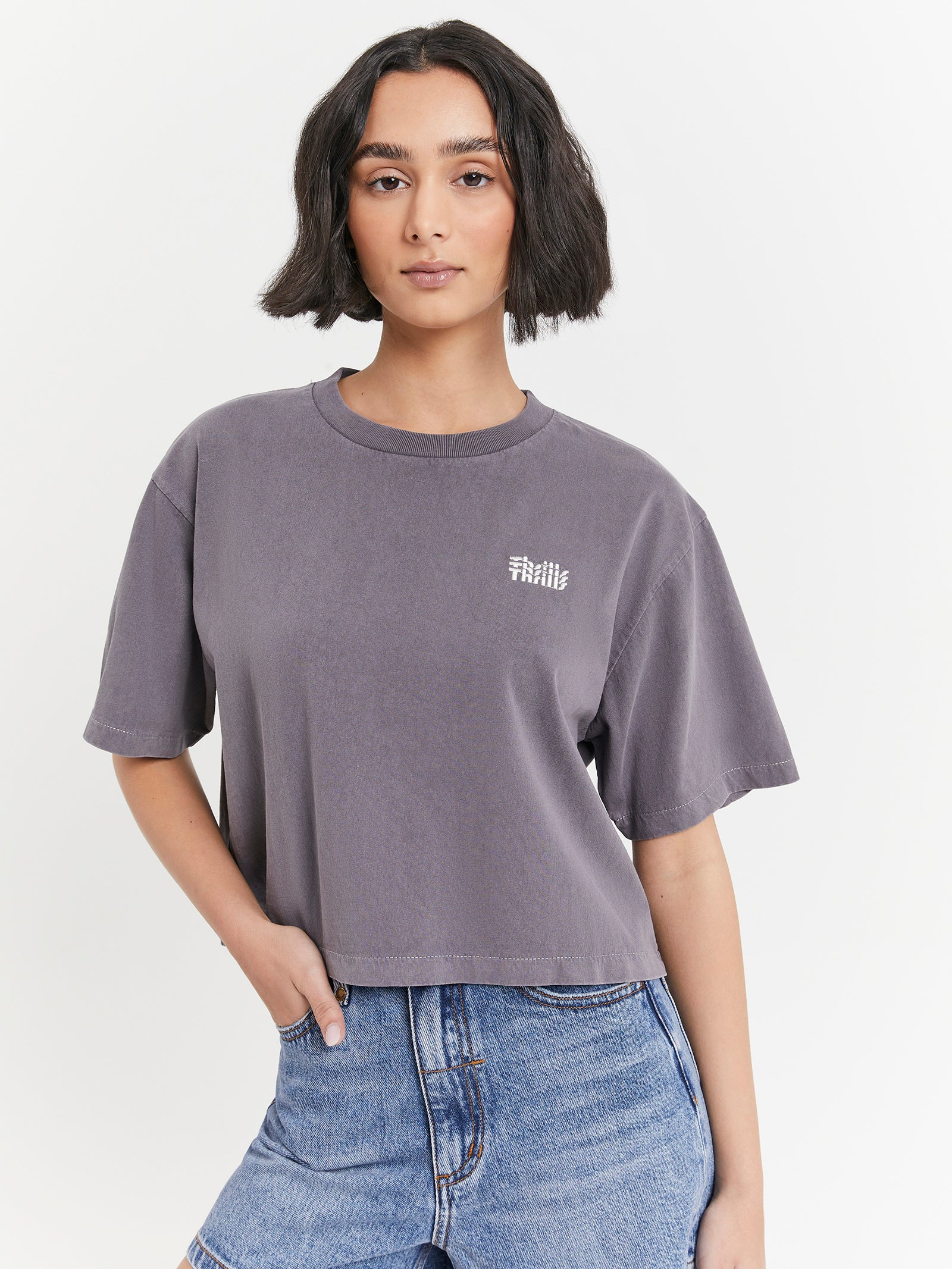 Infinite Thrills Merch Crop Tee in Graphite