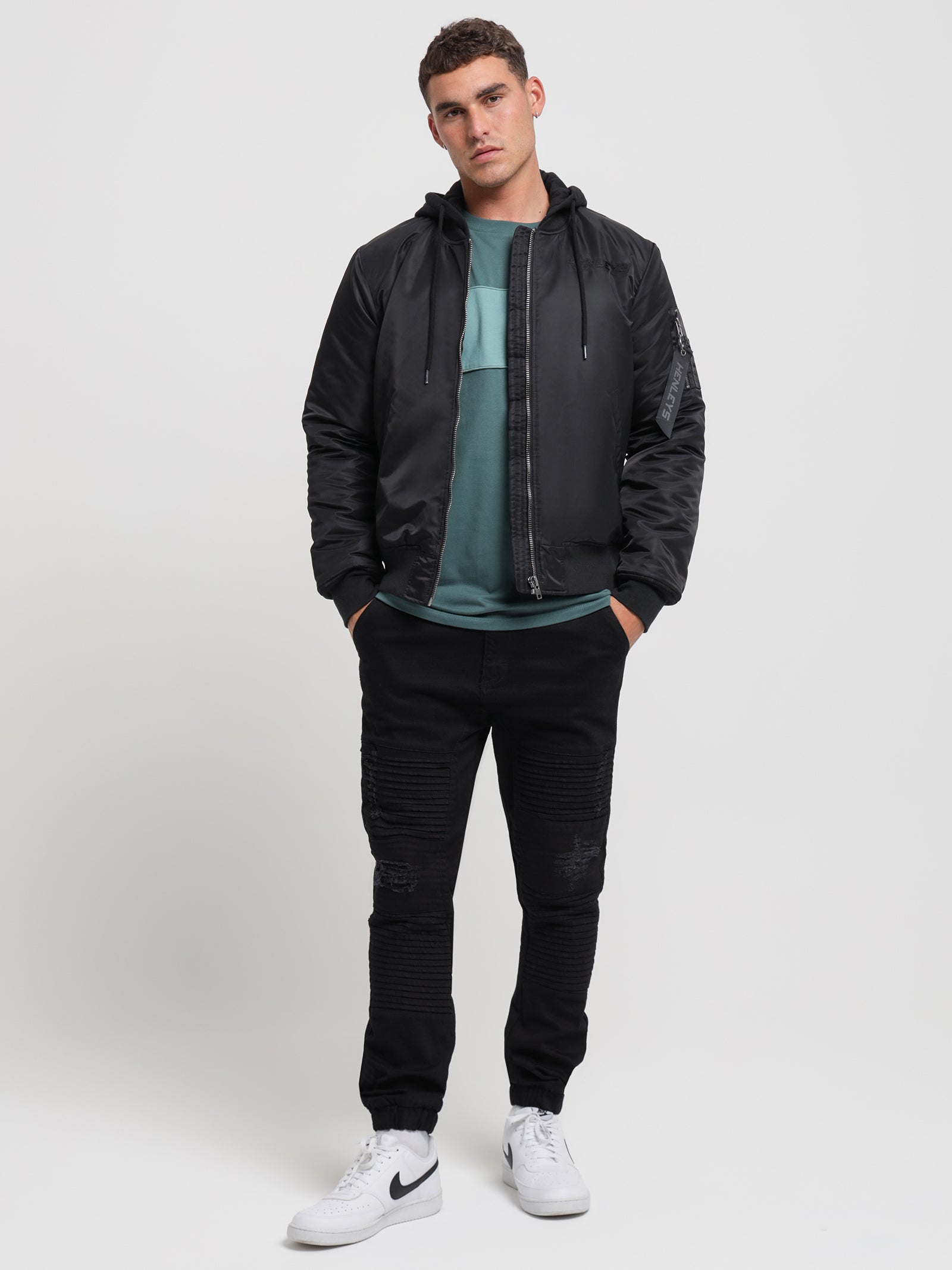 Overdrive Hooded Bomber Jacket in Coal