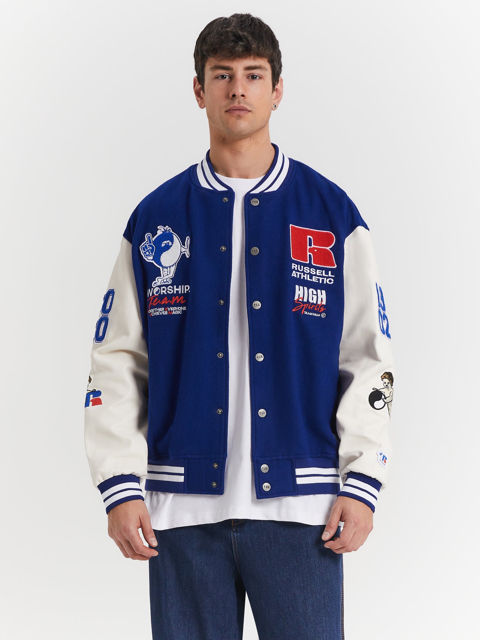 Team Spirit Letterman Jacket in Levitation Blue