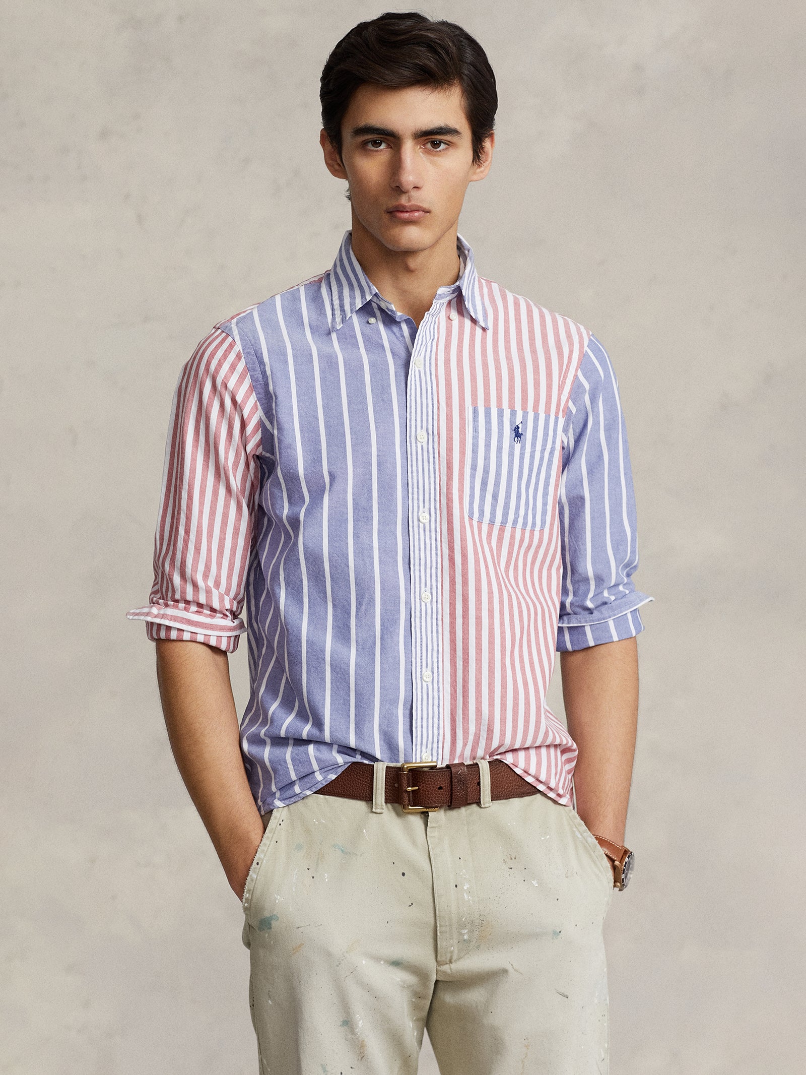 Classic Custom-Fit Oxford Shirt in White, Red & Navy Stripe