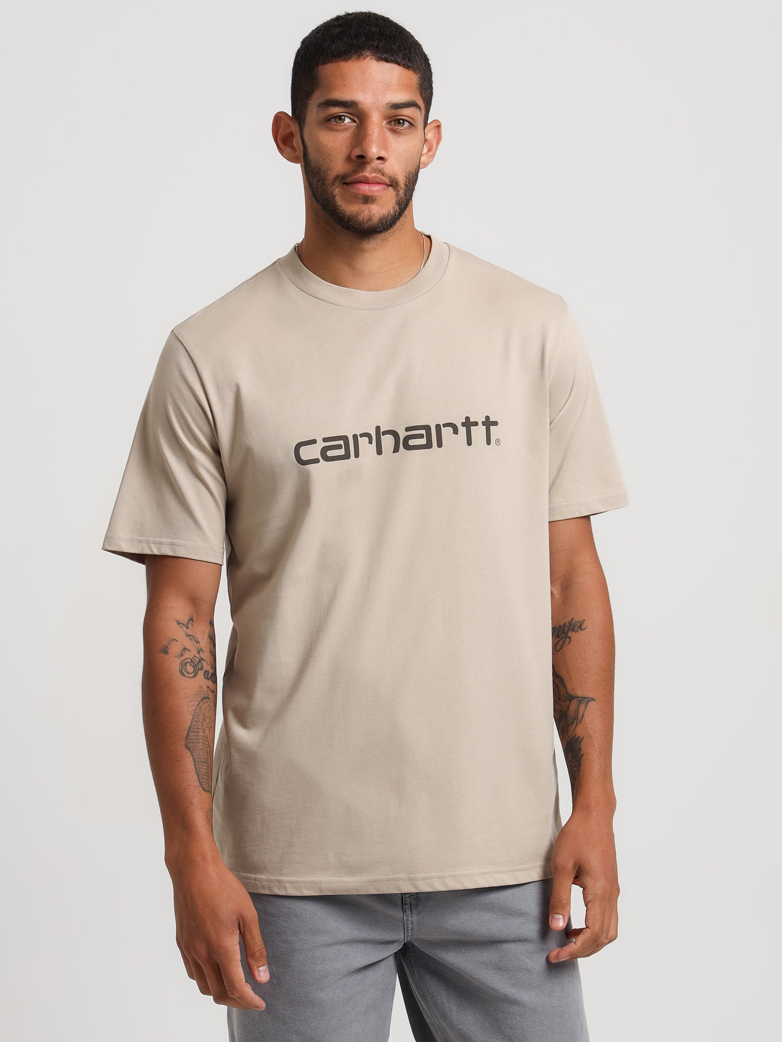 Short Sleeve Script Emboirdery T-Shirt in Wall Cypress Tan