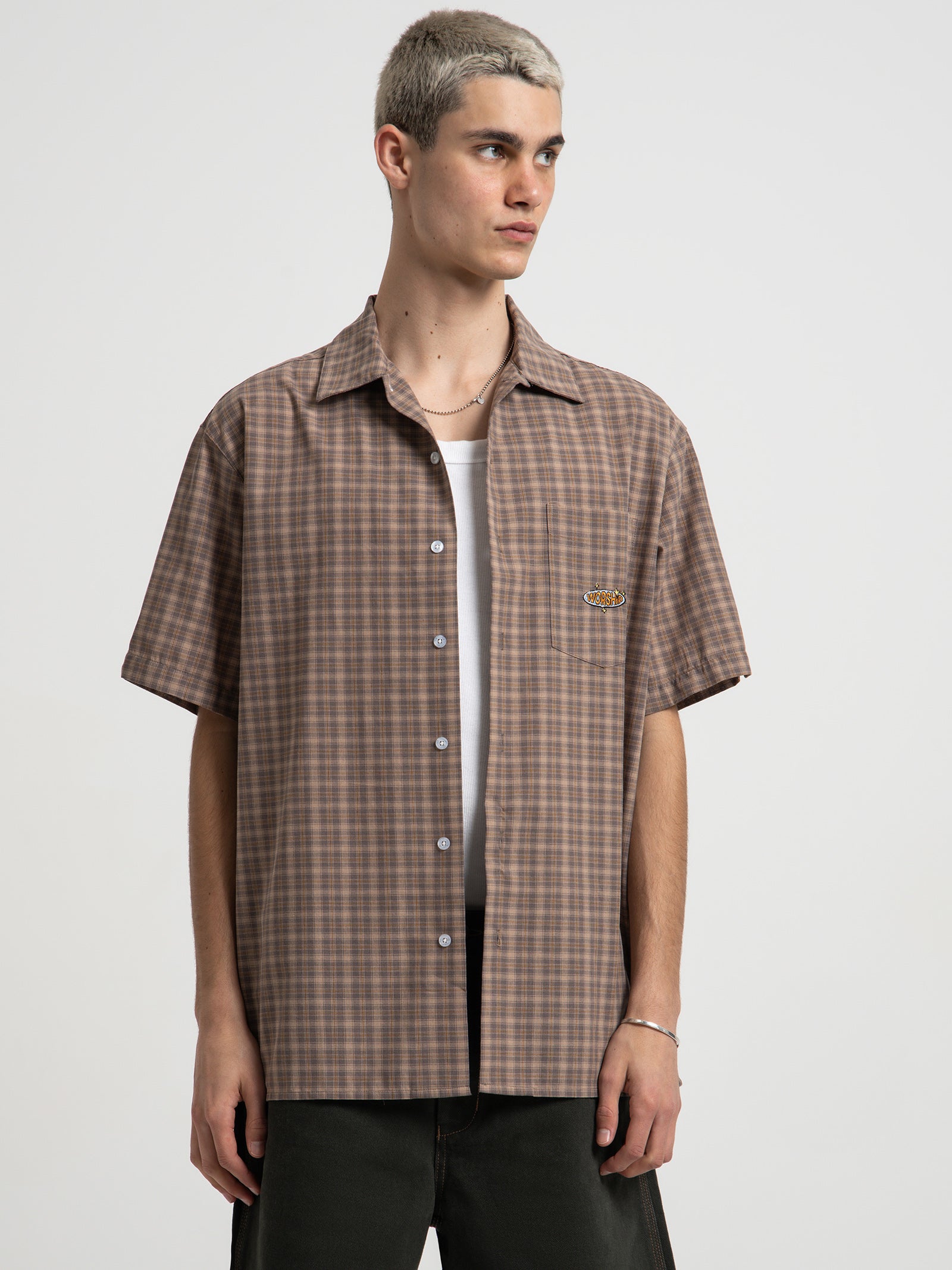 Badger Short Sleeve Shirt in Rain Drum Brown Check