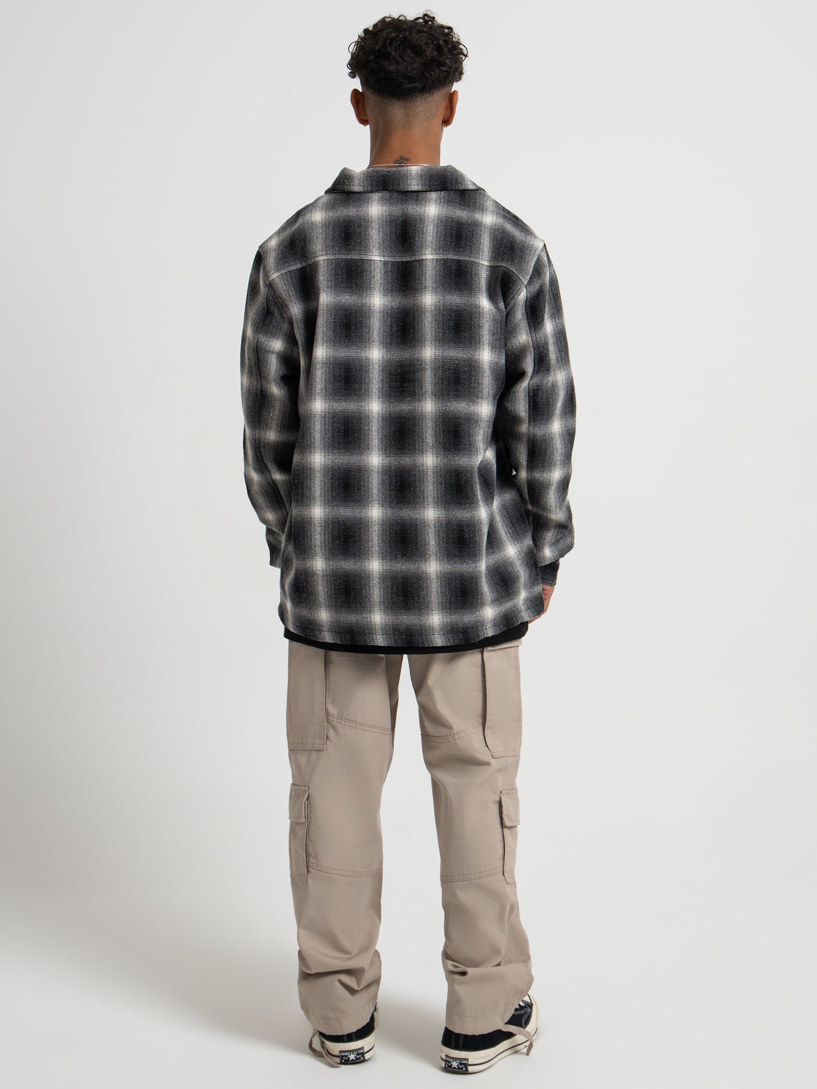 Shadow Plaid Zip Up Long Sleeve Shirt in Black