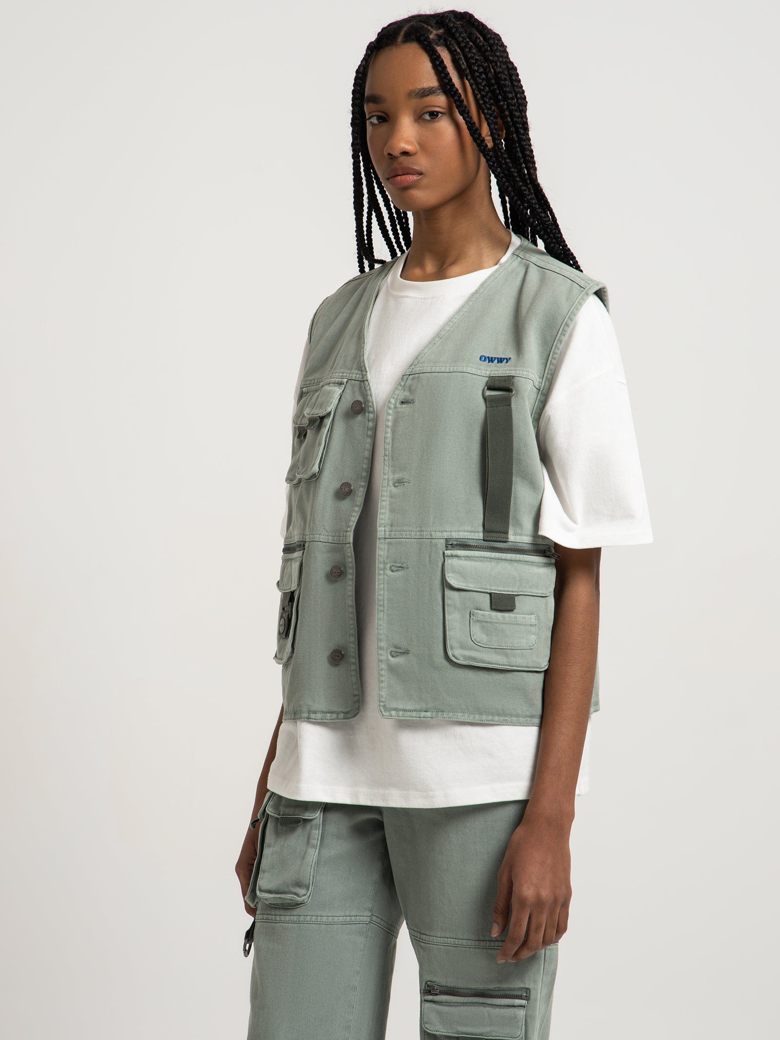 Stamped Owwy Utility Vest in Sage Green