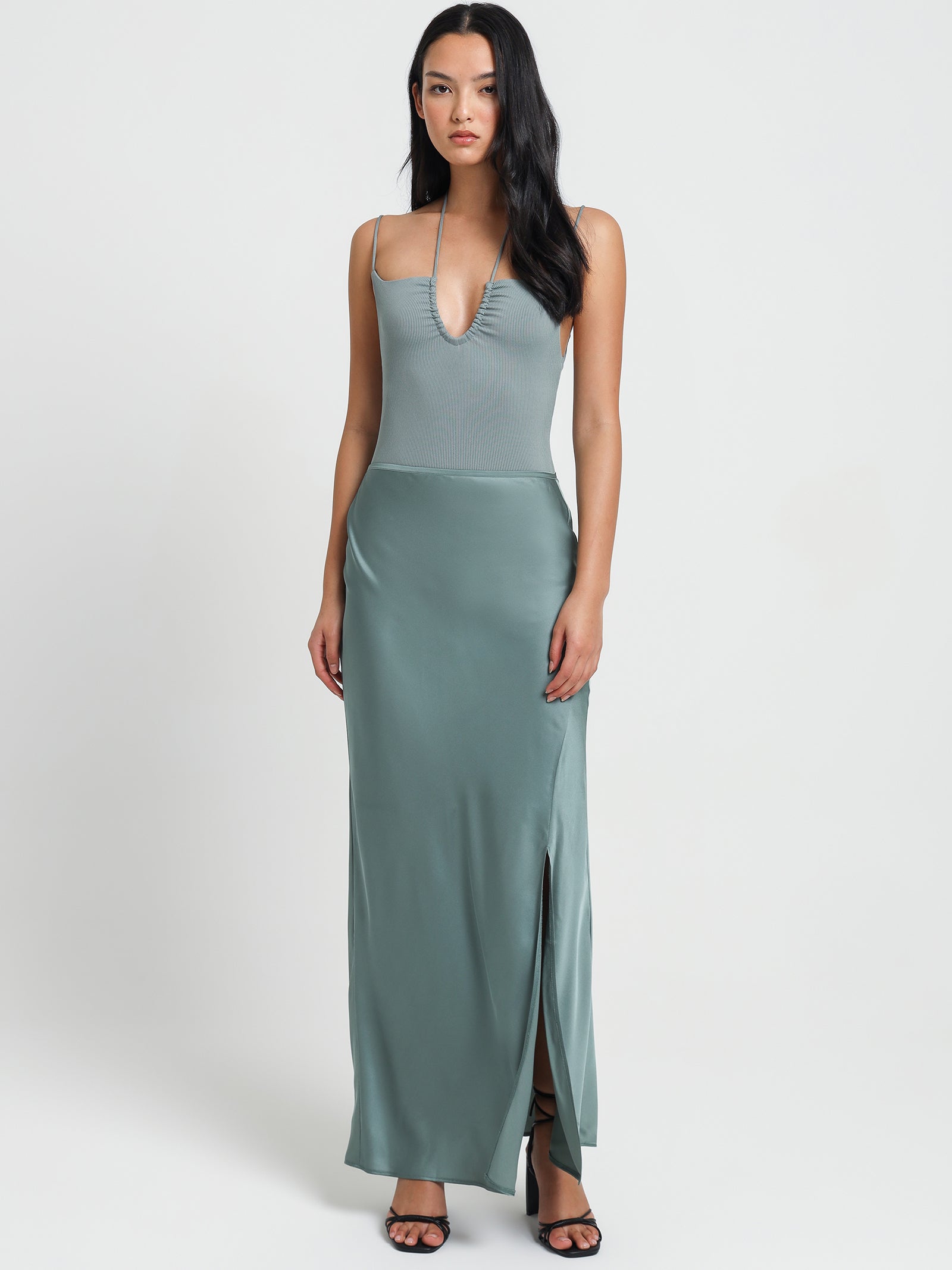 Suvi Satin Maxi Skirt in Seafoam