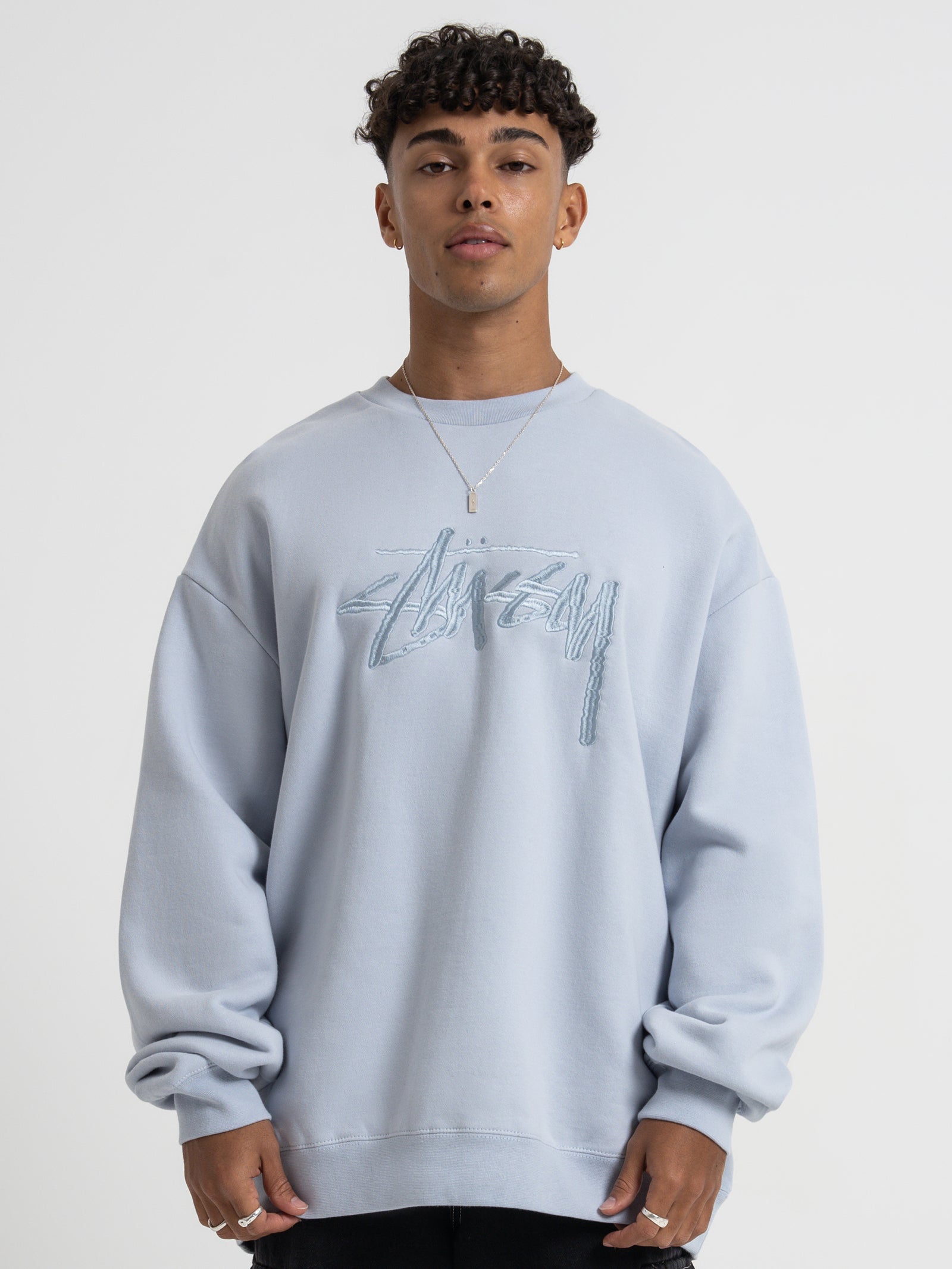 Solid Stock Embroidered Crew Sweater in Silver Blue