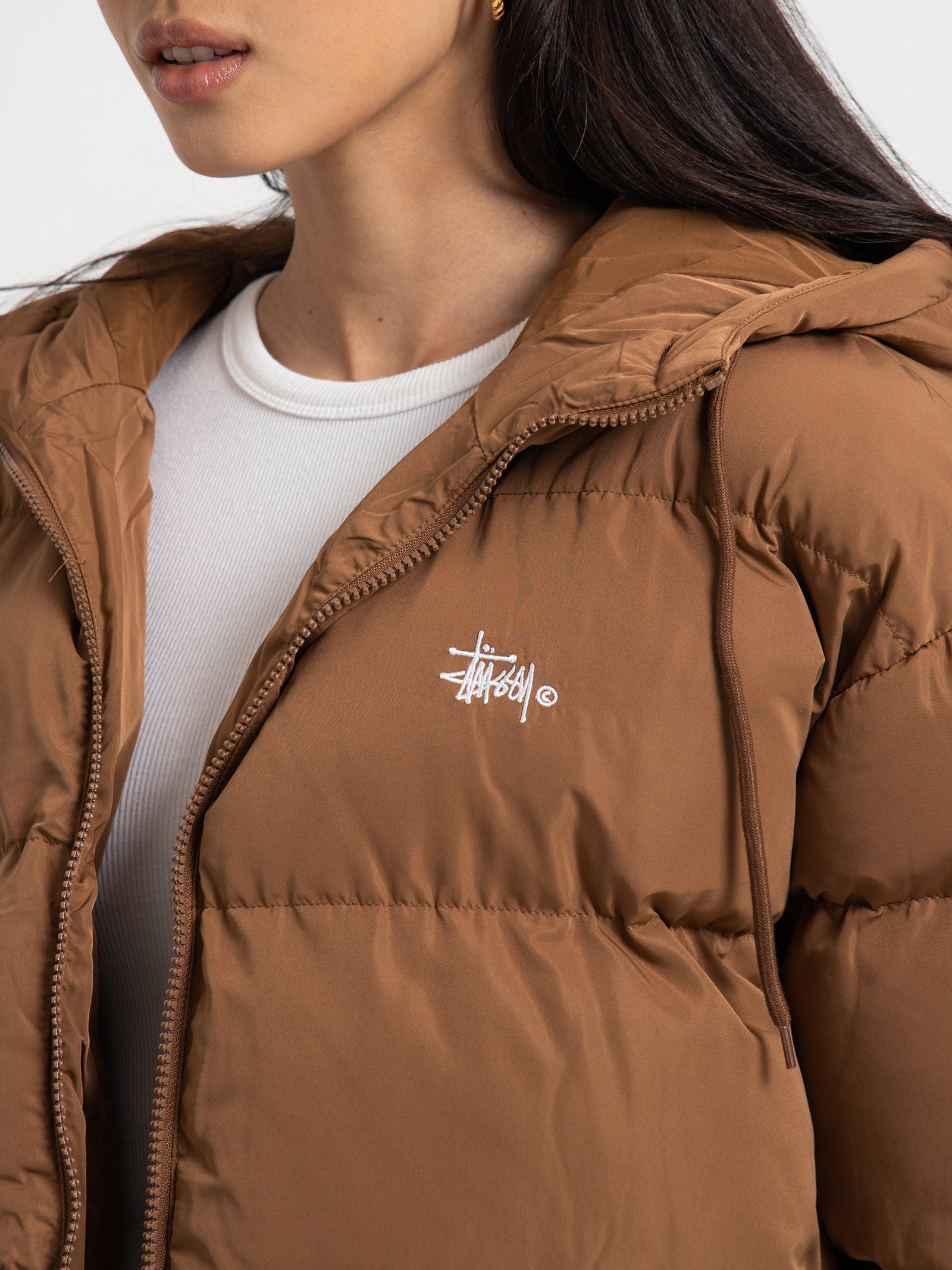 Graffiti Hood Puffer Jacket in Coffee